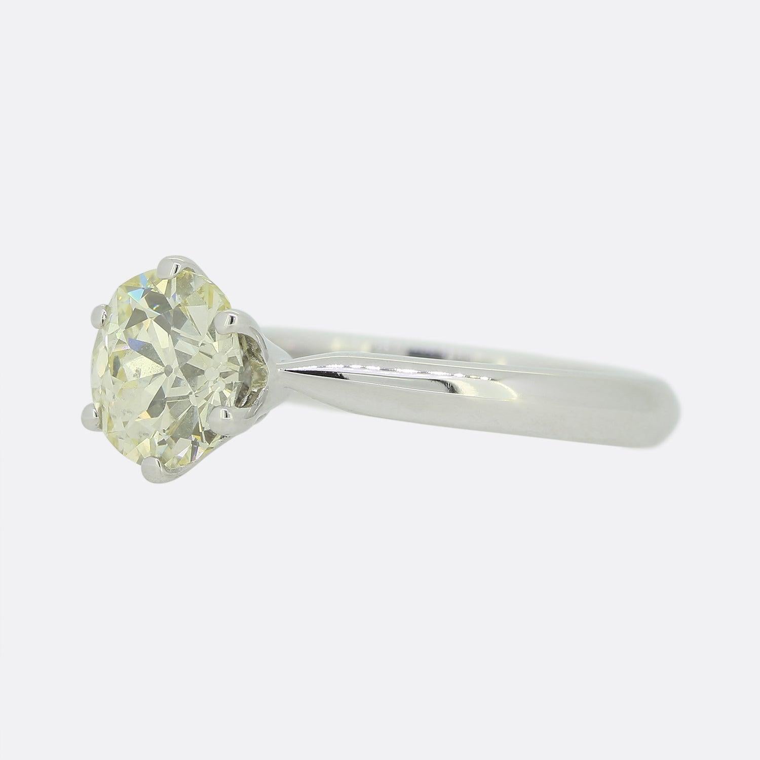 Here we have an 18ct white gold diamond solitaire engagement ring. The ring features an eye catching 1.30 carat round faceted old European cut diamond which sits alone and proud in a six-clawed setting atop a plain polished band. 

Condition: Used