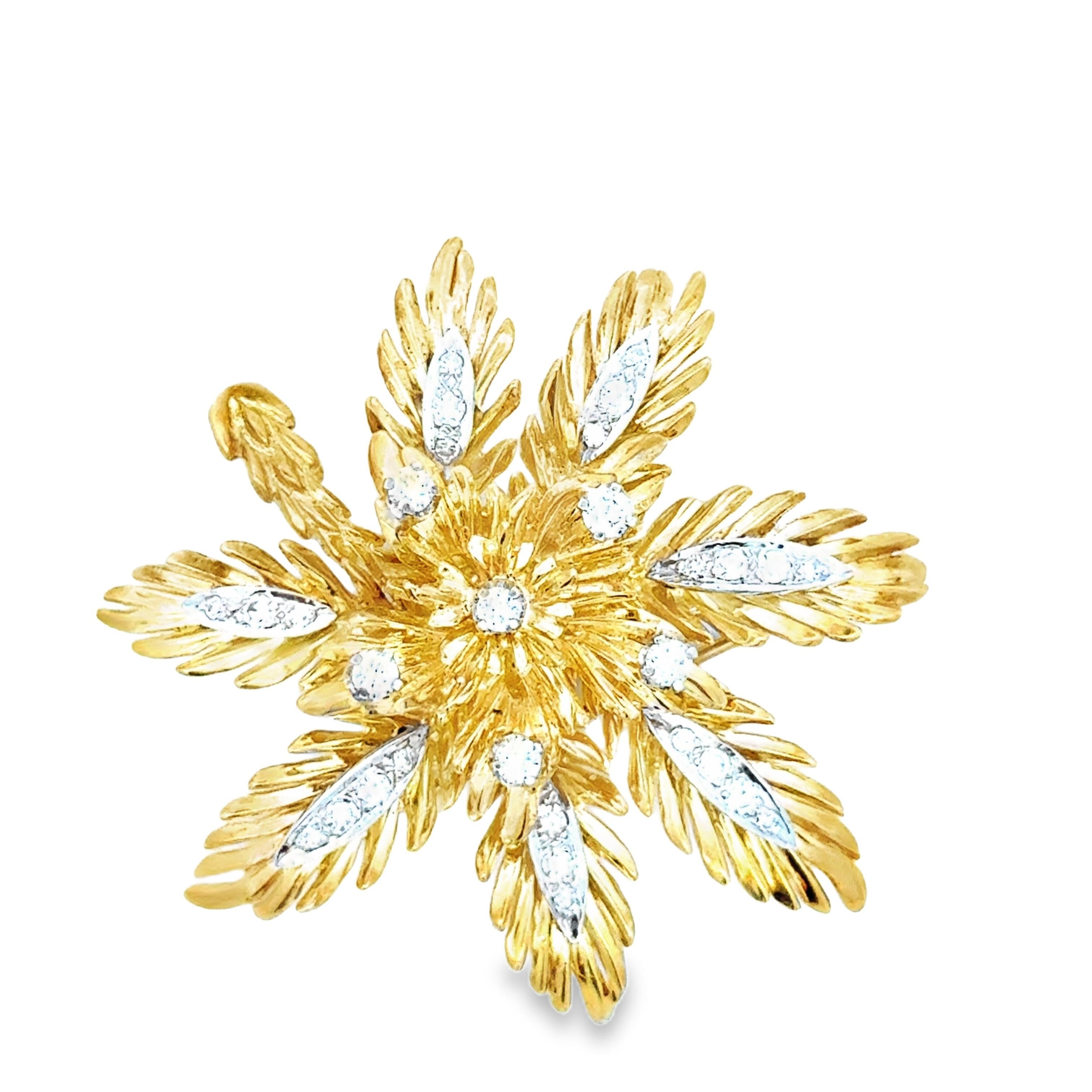 1,30 Karat Diamant-Starburst-Blumenbrosche aus 18K Gelbgold und Platin (Rundschliff) im Angebot