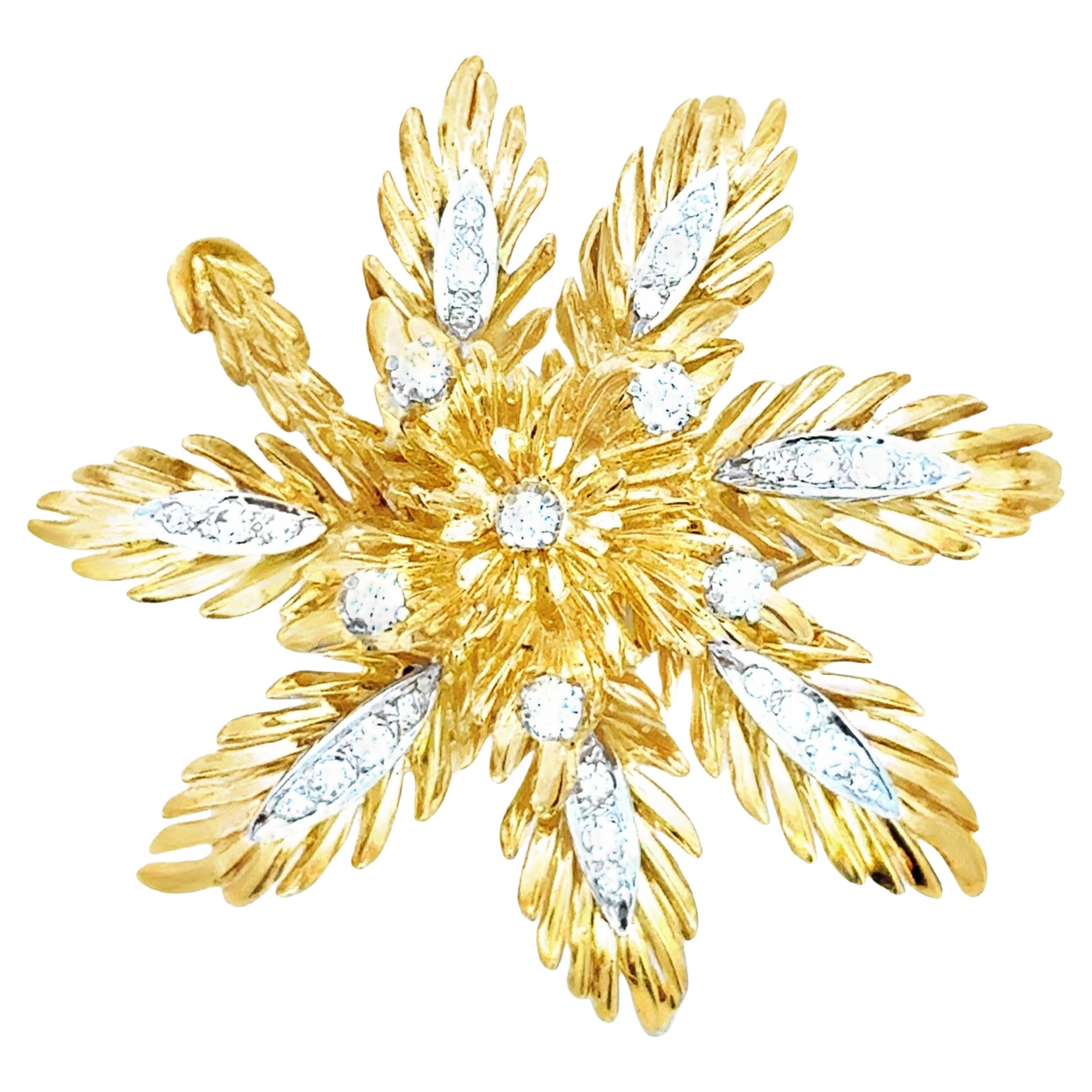 1,30 Karat Diamant-Starburst-Blumenbrosche aus 18K Gelbgold und Platin