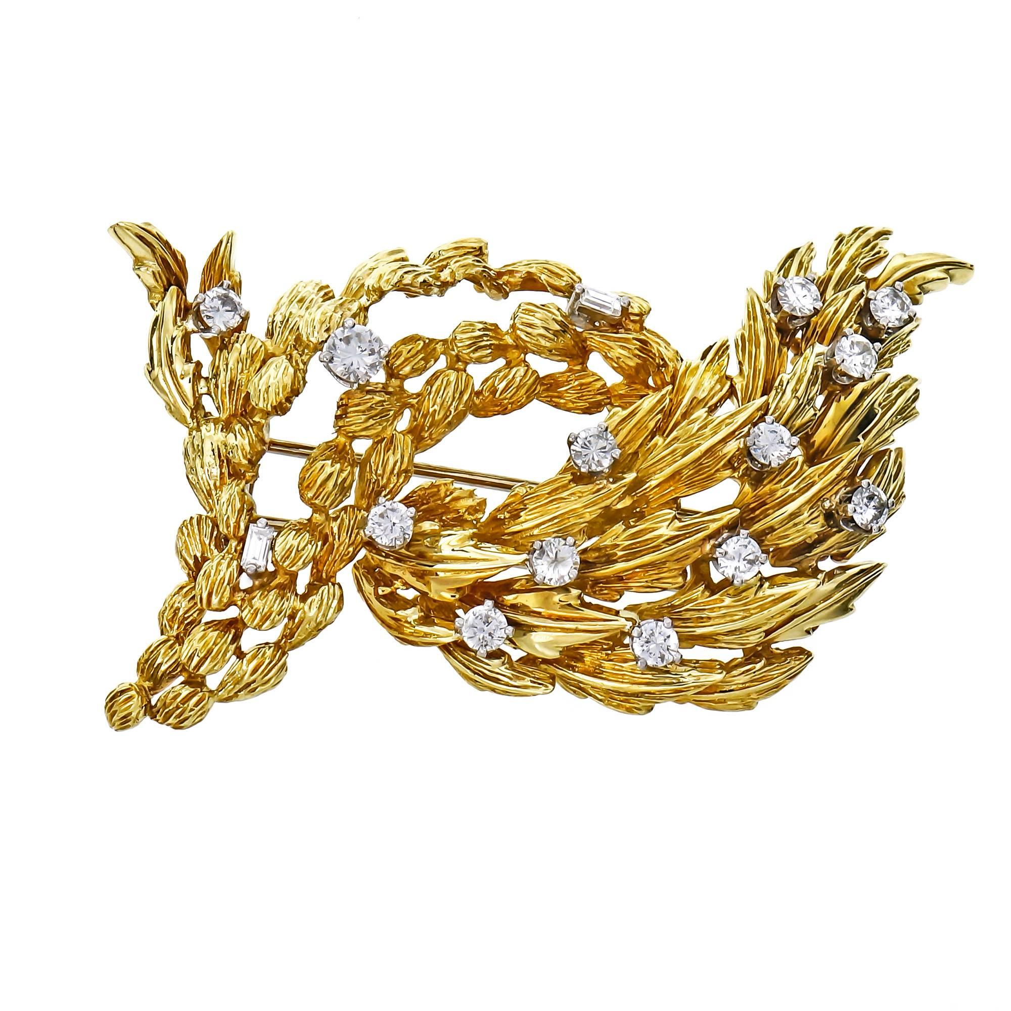 1.30 Carat Diamond Textured Gold Brooch For Sale