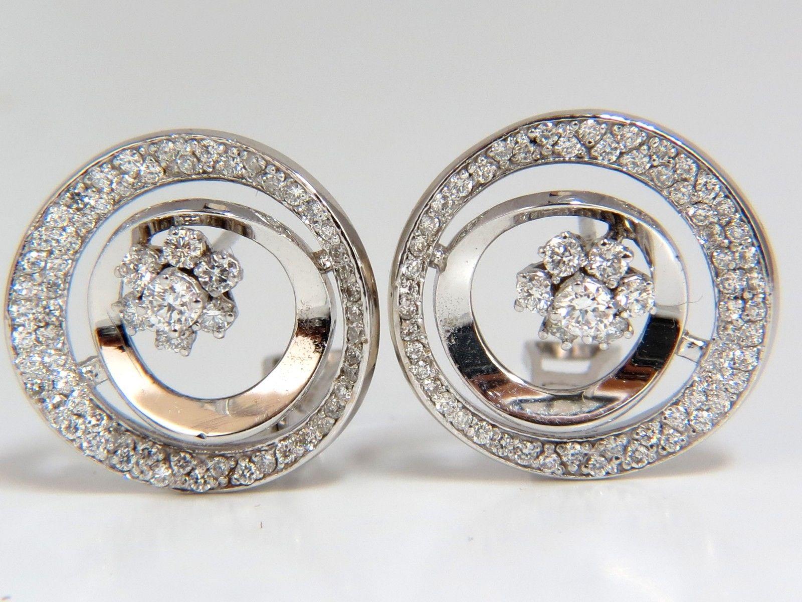 Round Cut 1.30 Carat Diamonds Flower Cluster Circle Earrings 14 Karat G/VS 3D Raised Deco For Sale