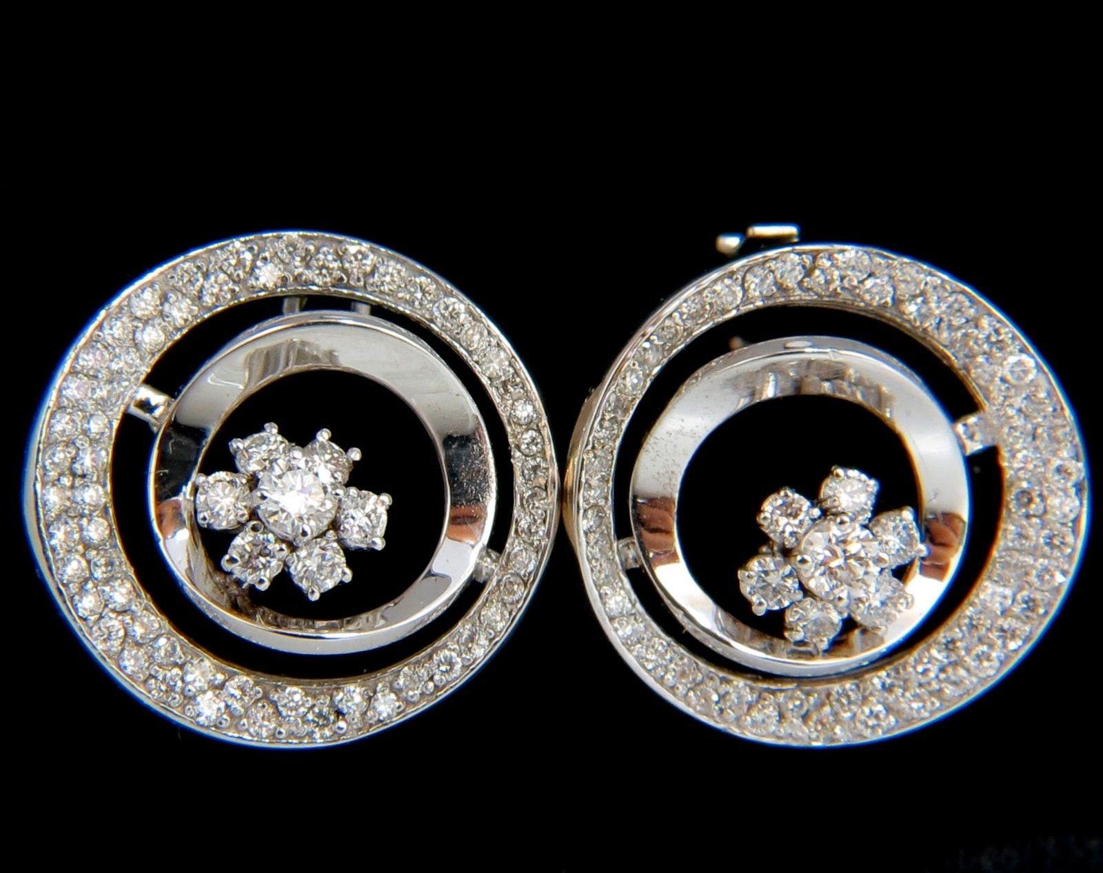 Boucles d'oreilles en forme de cercle en or 14 carats avec diamants en grappe de fleurs de 1,30 carat G/VS 3D Raised Deco Neuf - En vente à New York, NY