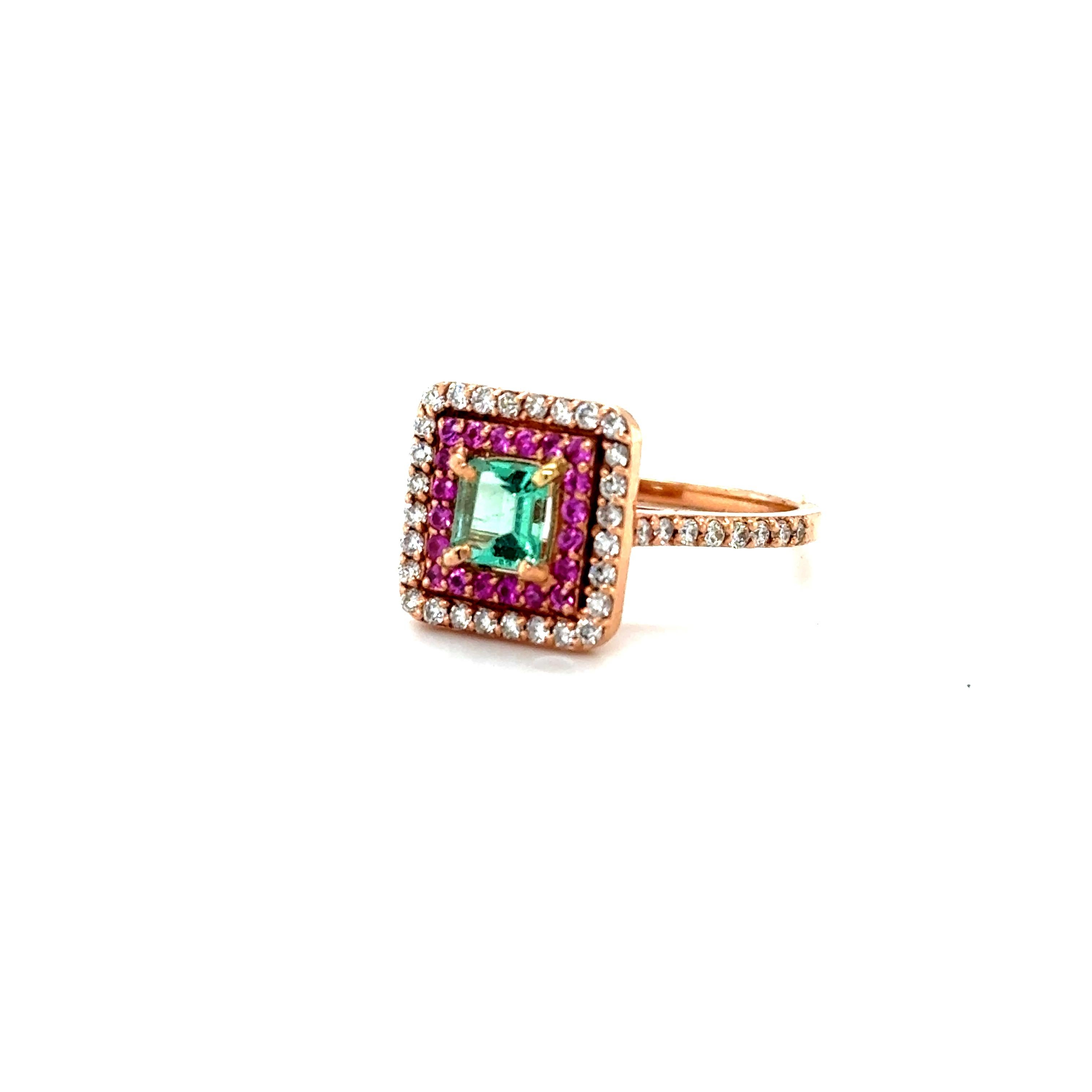 1.30 Carat Cushion Cut Pink Sapphire Diamond Rose Gold Bridal Ring

Simply the most elegant and beautiful Emerald, Pink Sapphire and Diamond Engagement or Wedding Ring!  The center cushion cut Emerald is 0.64 carats and is surrounded by a halo of 20