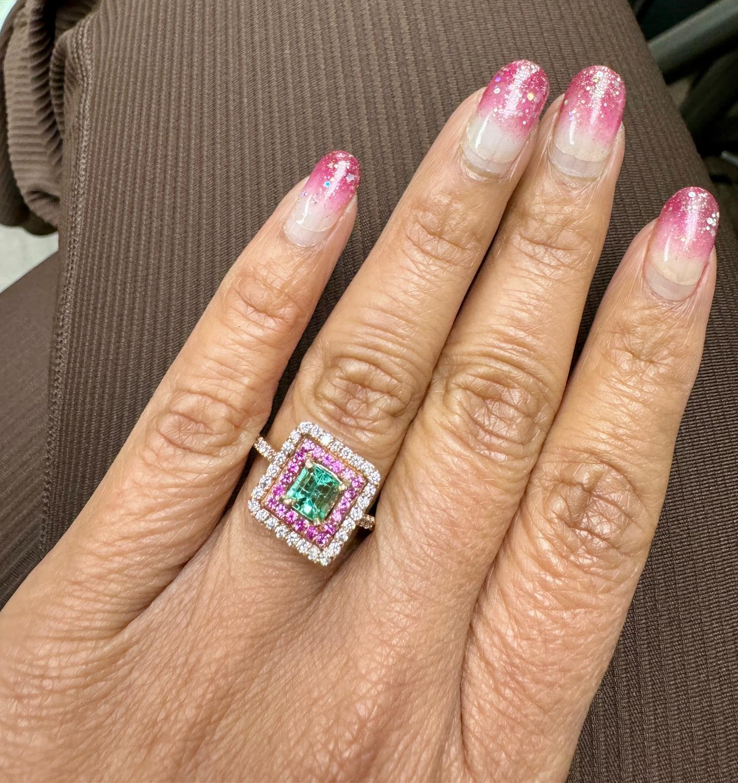 Cushion Cut 1.30 Carat Double Halo Emerald, Pink Sapphire and Diamond Rose Gold Bridal Ring For Sale