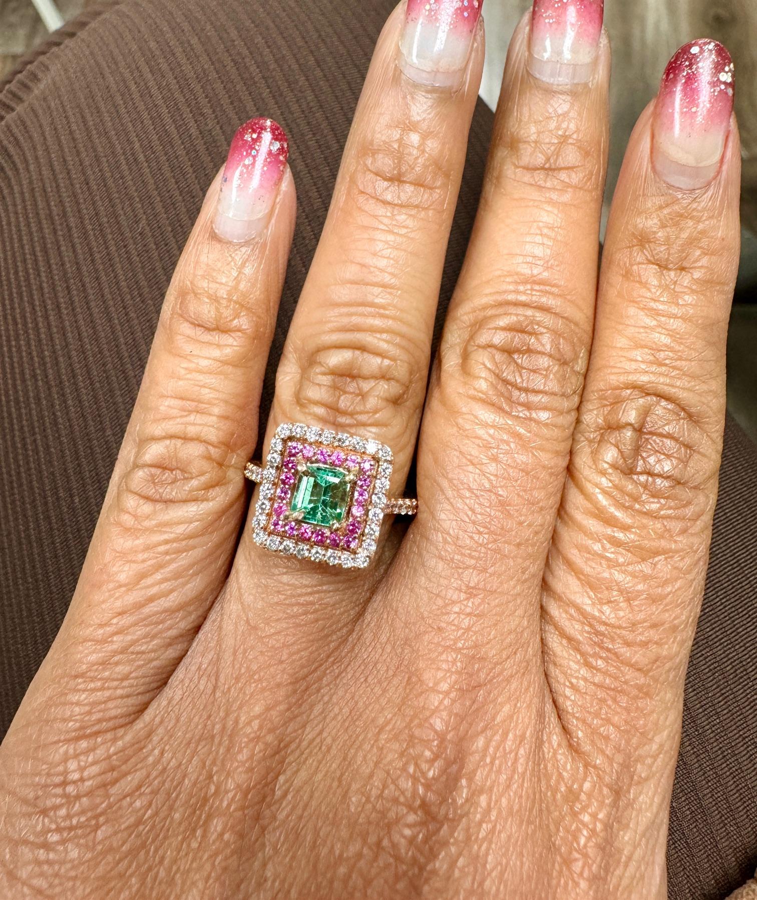 1.30 Carat Double Halo Emerald, Pink Sapphire and Diamond Rose Gold Bridal Ring In New Condition For Sale In Los Angeles, CA