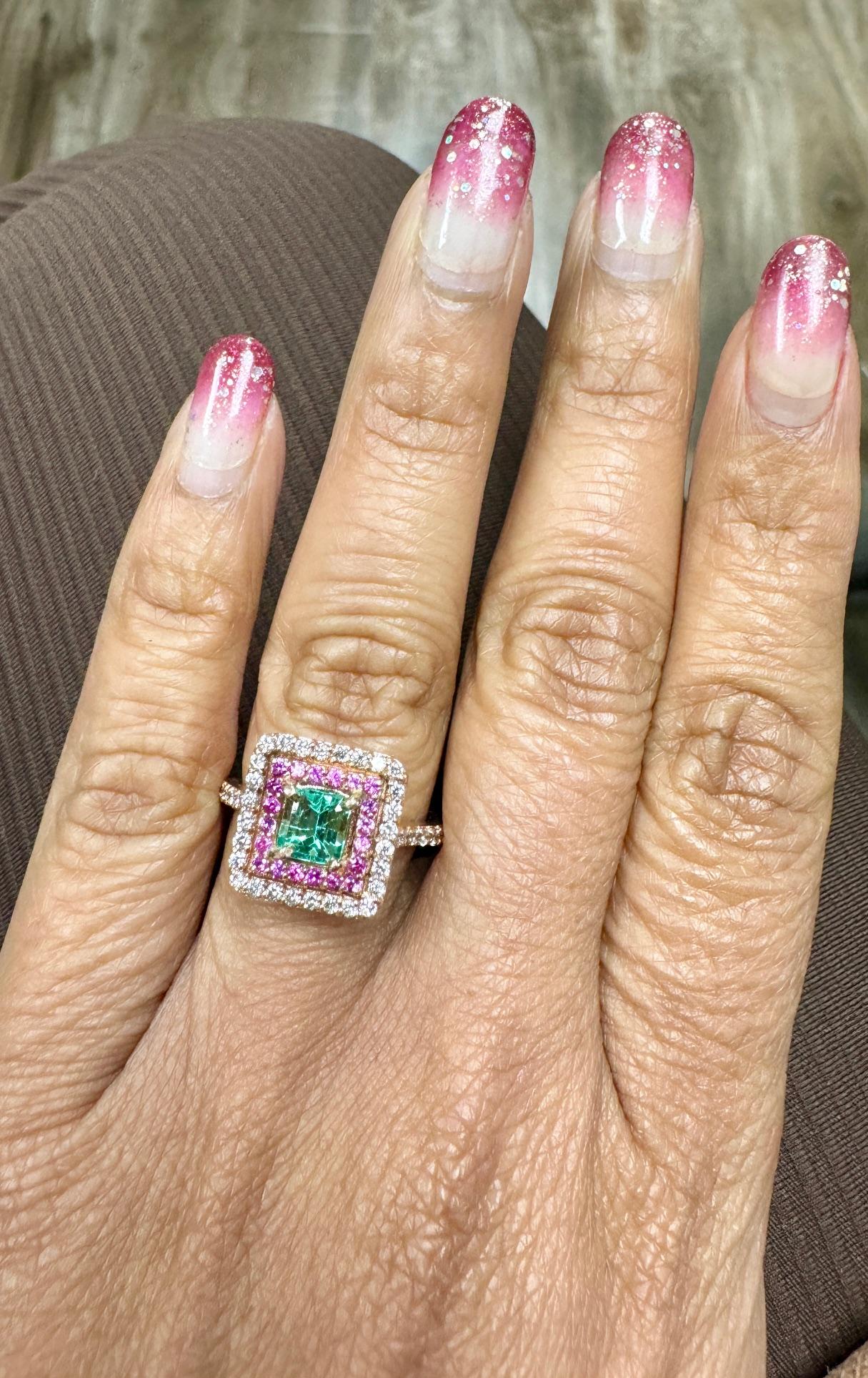 Women's 1.30 Carat Double Halo Emerald, Pink Sapphire and Diamond Rose Gold Bridal Ring For Sale