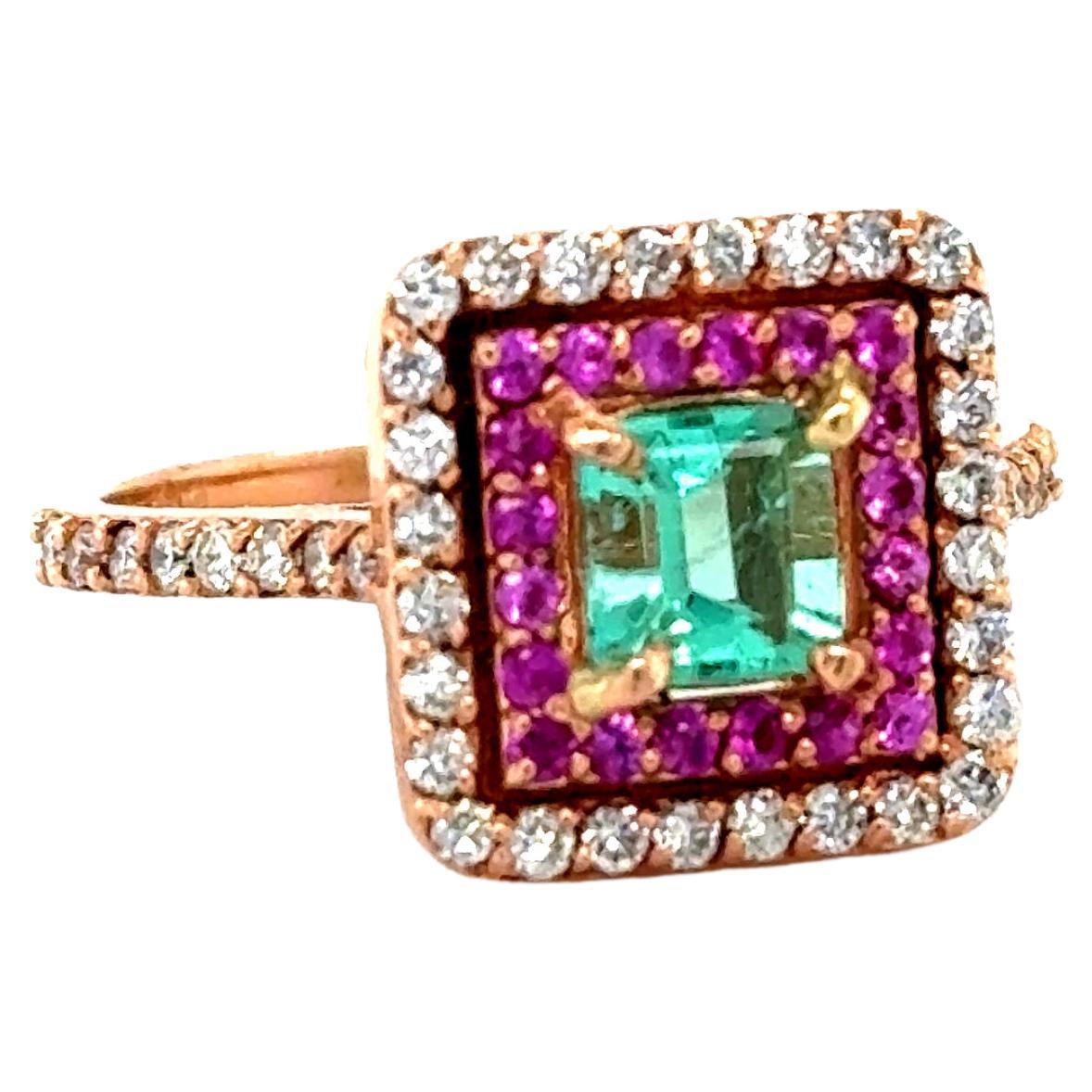 1.30 Carat Double Halo Emerald, Pink Sapphire and Diamond Rose Gold Bridal Ring