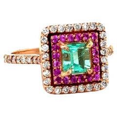 1.30 Carat Double Halo Emerald, Pink Sapphire and Diamond Rose Gold Bridal Ring