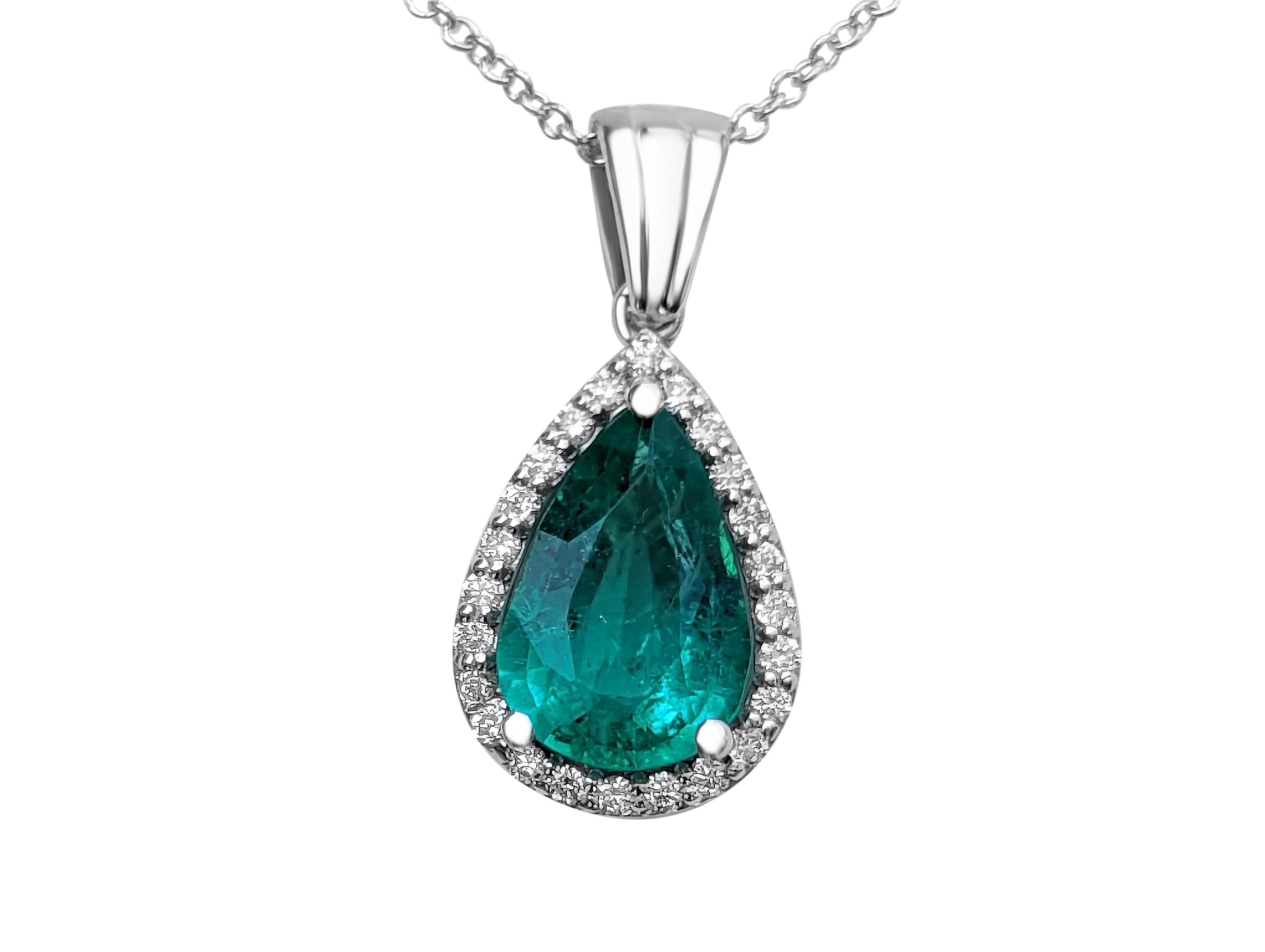 Pear Cut 1.30 Carat Emerald and 0.19 Ct Diamonds, 14 Kt. White Gold, Pendant Necklace