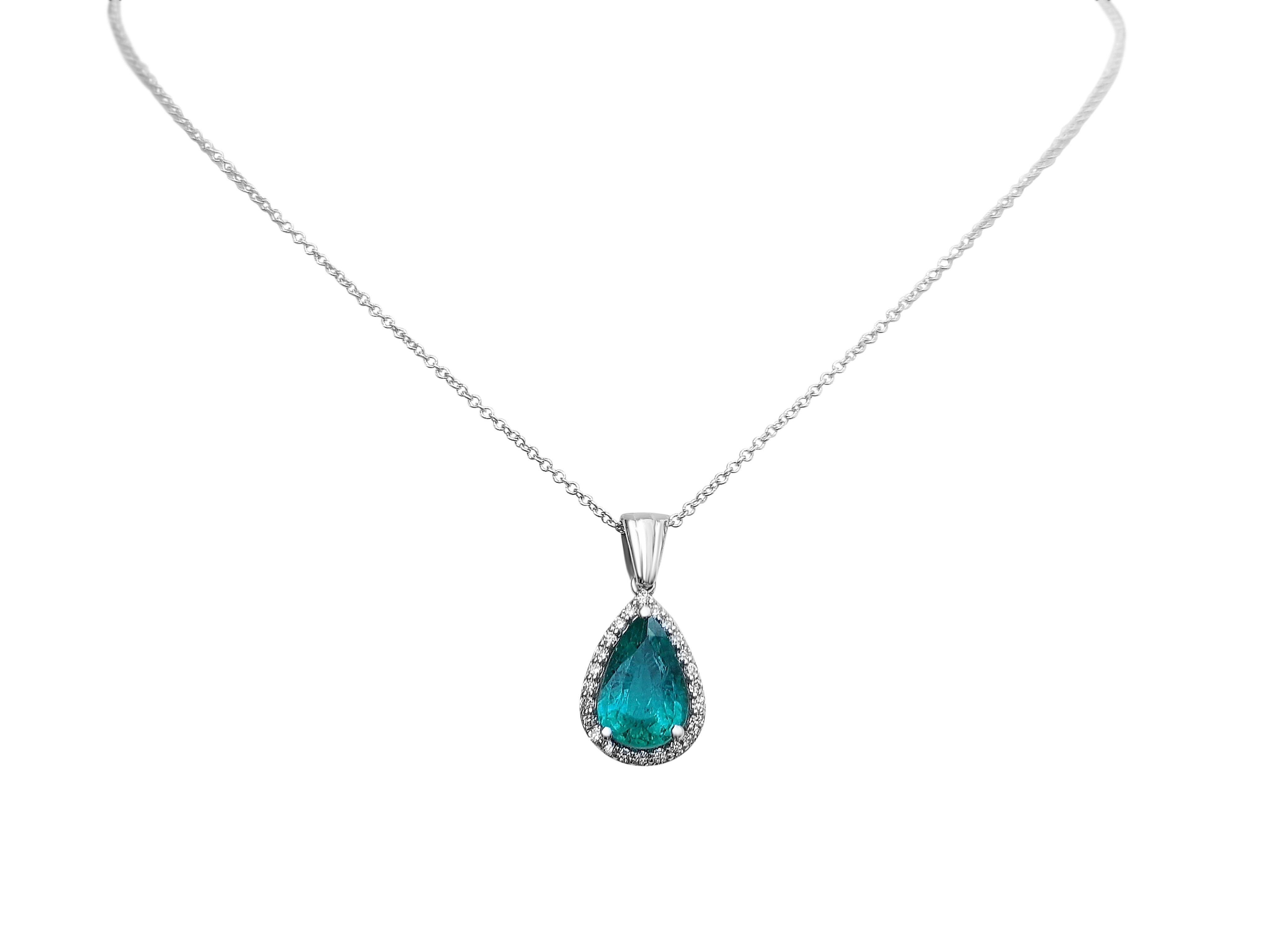 1.30 Carat Emerald and 0.19 Ct Diamonds, 14 Kt. White Gold, Pendant Necklace 1