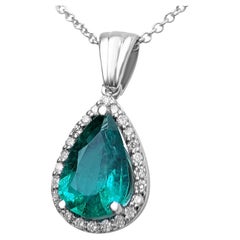 1.30 Carat Emerald and 0.19 Ct Diamonds, 14 Kt. White Gold, Pendant Necklace