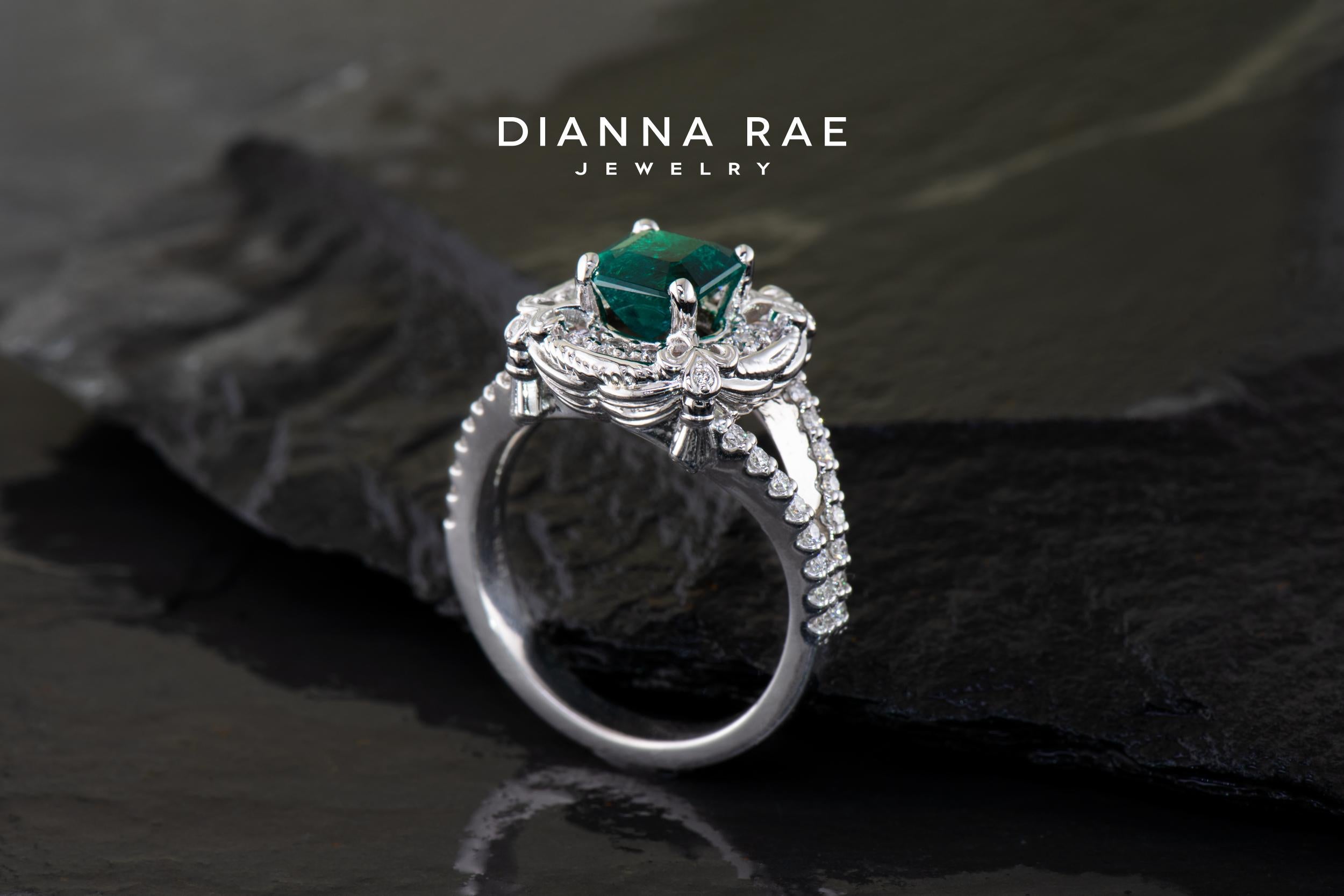 Part of the Dianna Rae Original Theatre Collection, Saenger is a fresh take on a classic Emerald Ring. Featuring a 1.30 carat Emerald,  48 diamonds totaling 0.53 carat, and curtains, tassels, and scrolls flowing along the confines of this unique