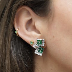 1.30 Carat Emerald & Diamond in 18k White Gold Retro Style Stud Earrings