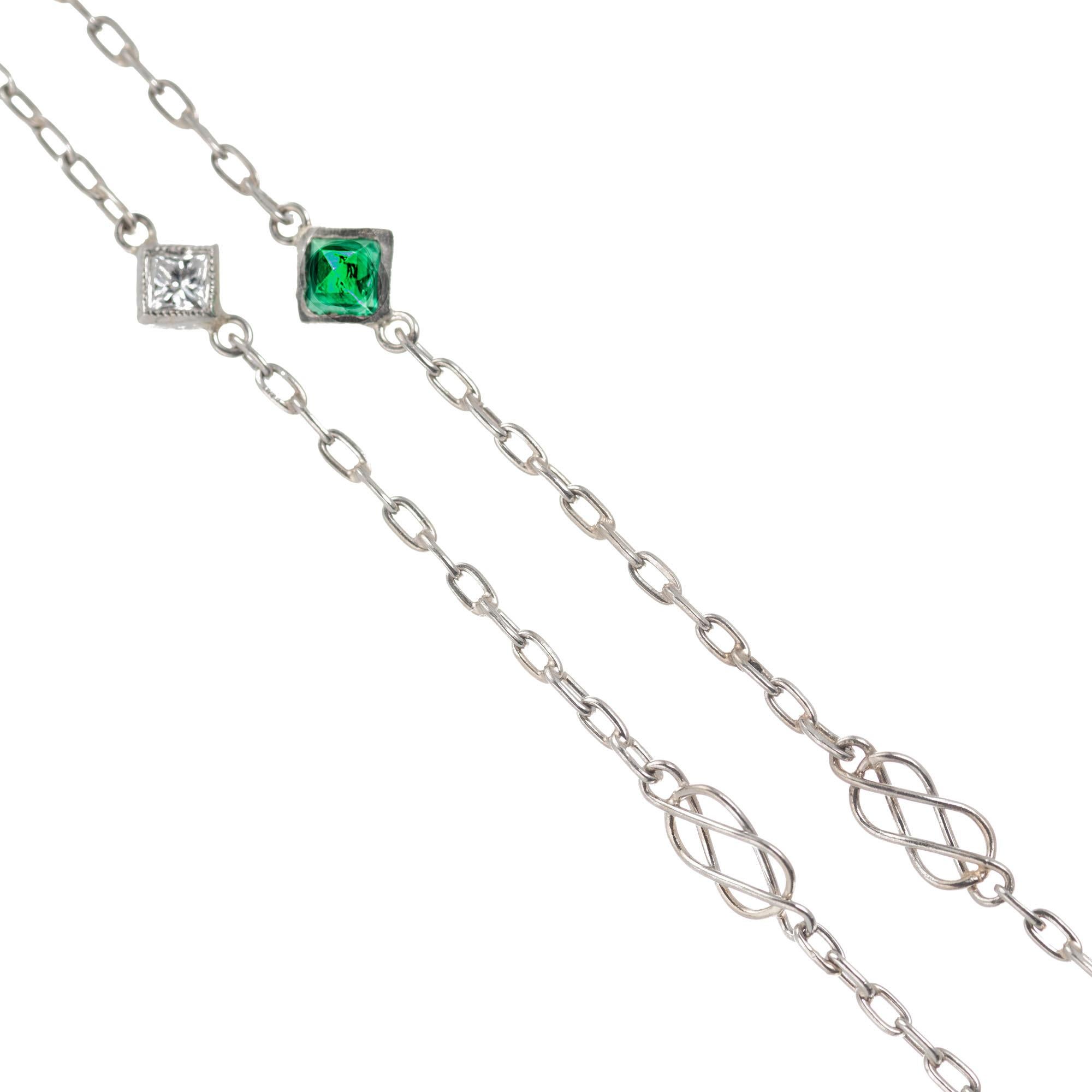 Square emerald and diamond platinum diamond by the yard necklace. Chain is 44 inches and can be worn long or doubled.

10 square cut green emeralds MI, approx. .50cts
10 princess cut diamonds I-J VS, approx. .80cts
Platinum 
Stamped: PT950
8.7