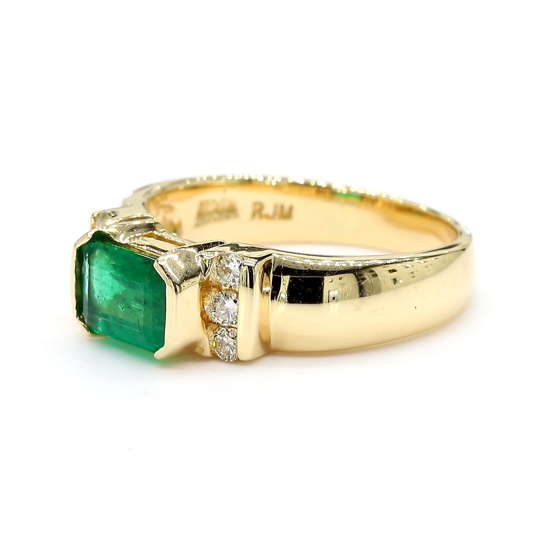 Emerald Cut 1.30 Carat Emerald Half Bezel East West Set 14K Gold Unisex Ring For Sale