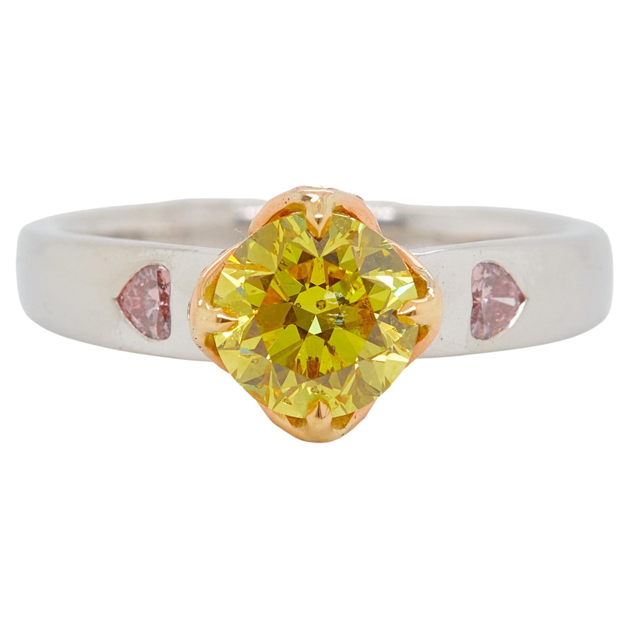 1.30 Carat Fancy Vivid Yellow Diamond Ring With Heart-shape pink Diamonds For Sale