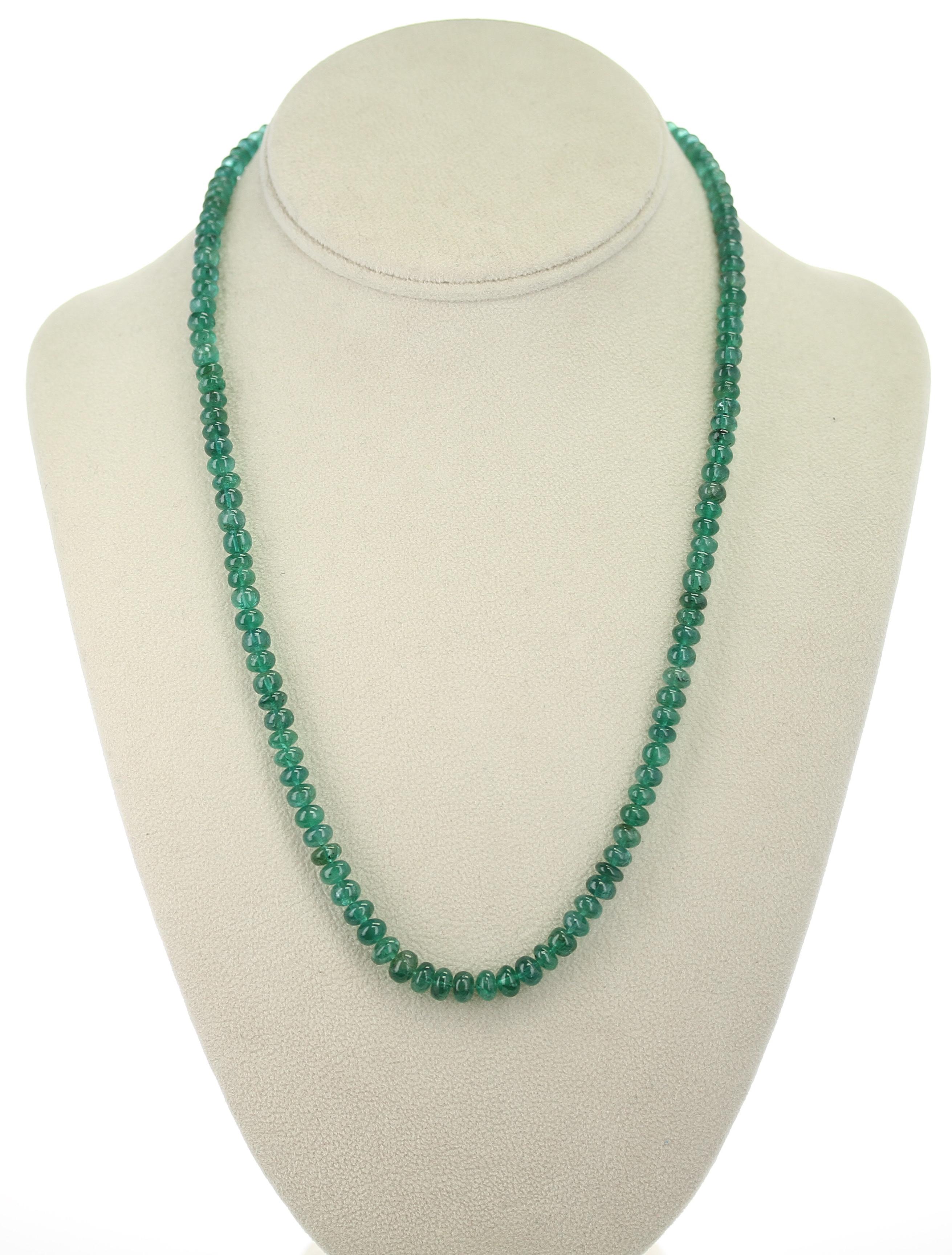 A fine strand of Genuine and Natural Brazilian Emerald Plain Beads Necklace, weighing 131 carats, measuring 20.50 Inches, the beads ranging from 4.50MM to 6.50 MM, with an 18K Yellow Smooth Gold Clasp. We can also customize the necklace according to