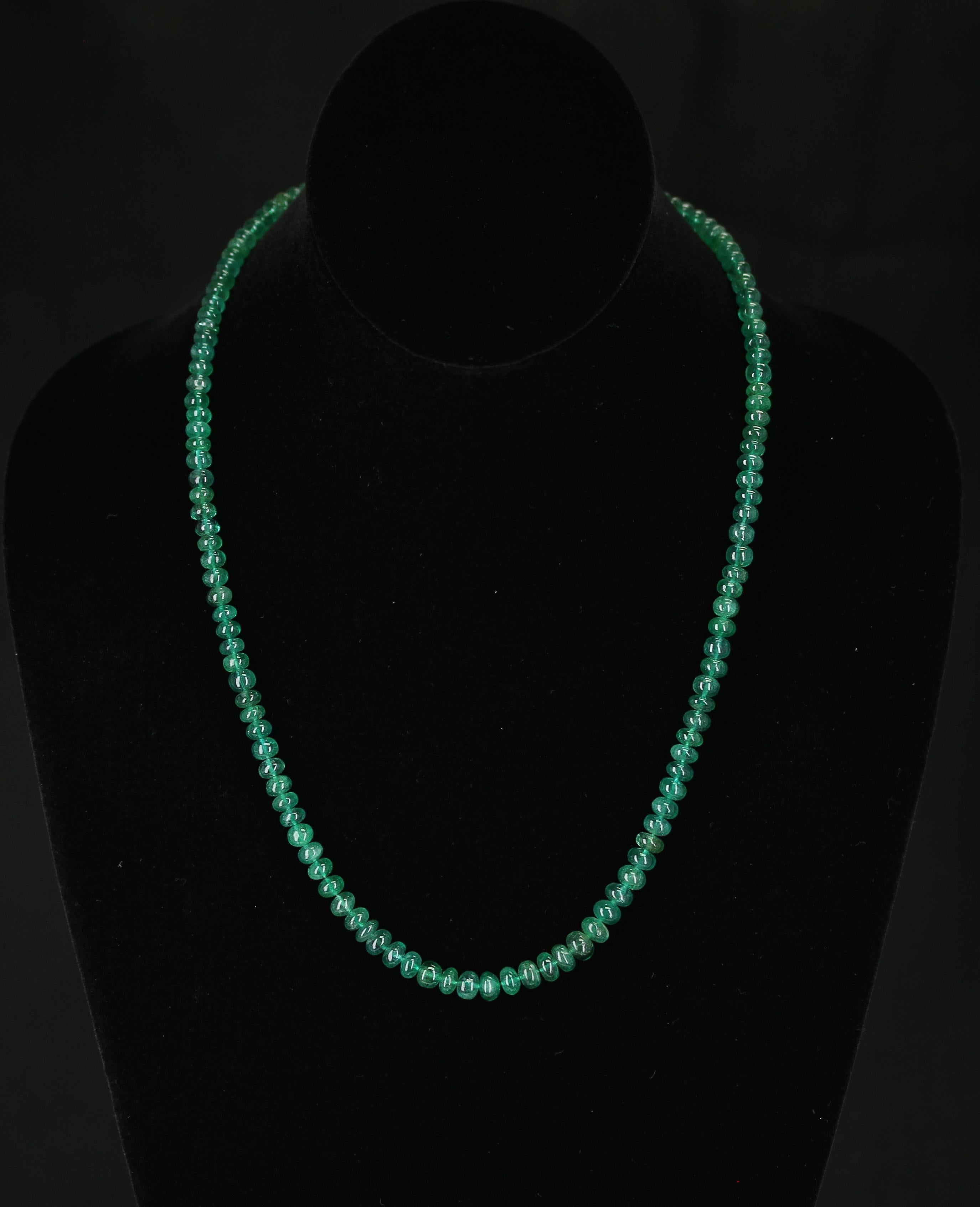 Women's or Men's 130 Carat Genuine & Natural & Fine Strand of Emerald Smooth Beads Necklace, 18K For Sale