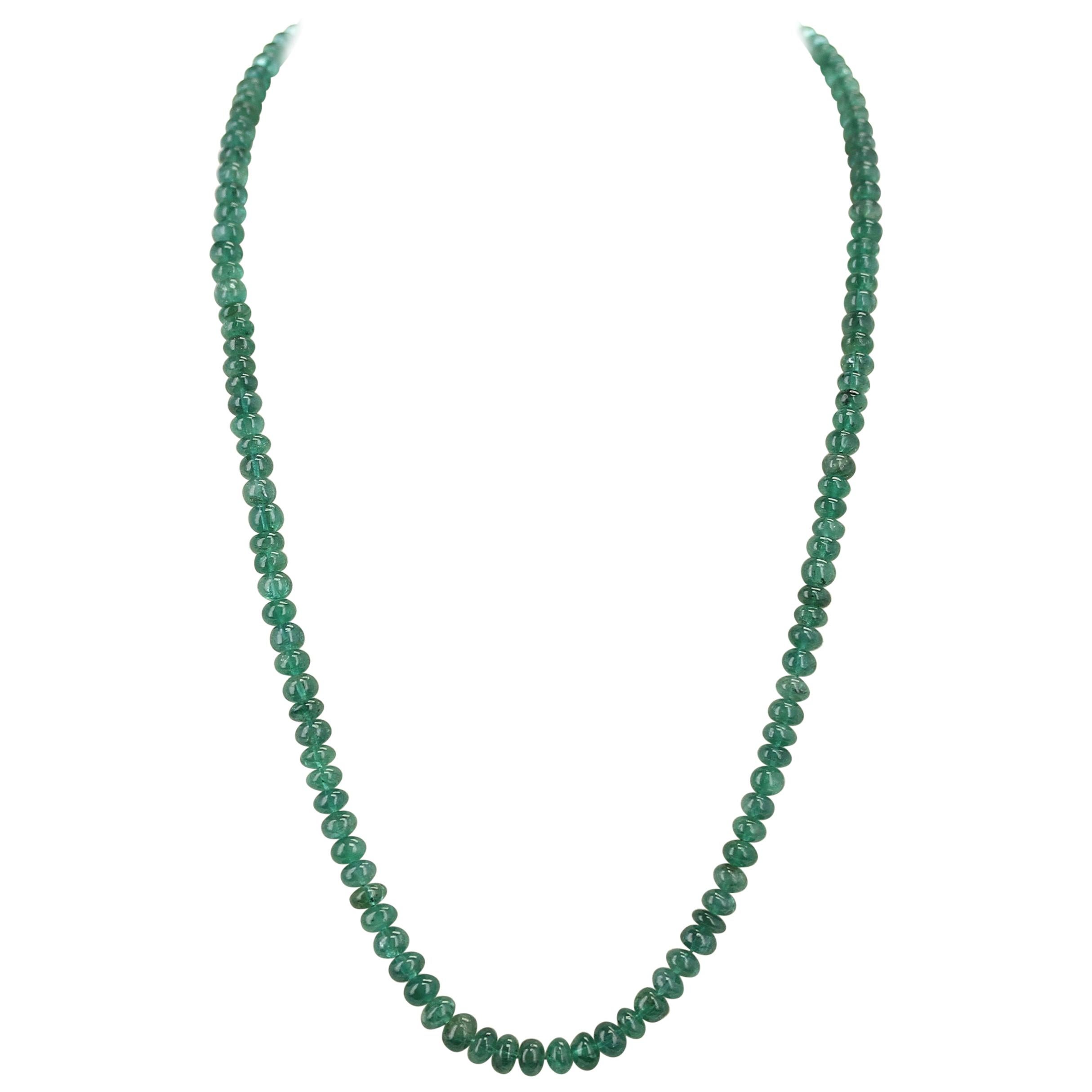130 Carat Genuine & Natural & Fine Strand of Emerald Smooth Beads Necklace, 18K