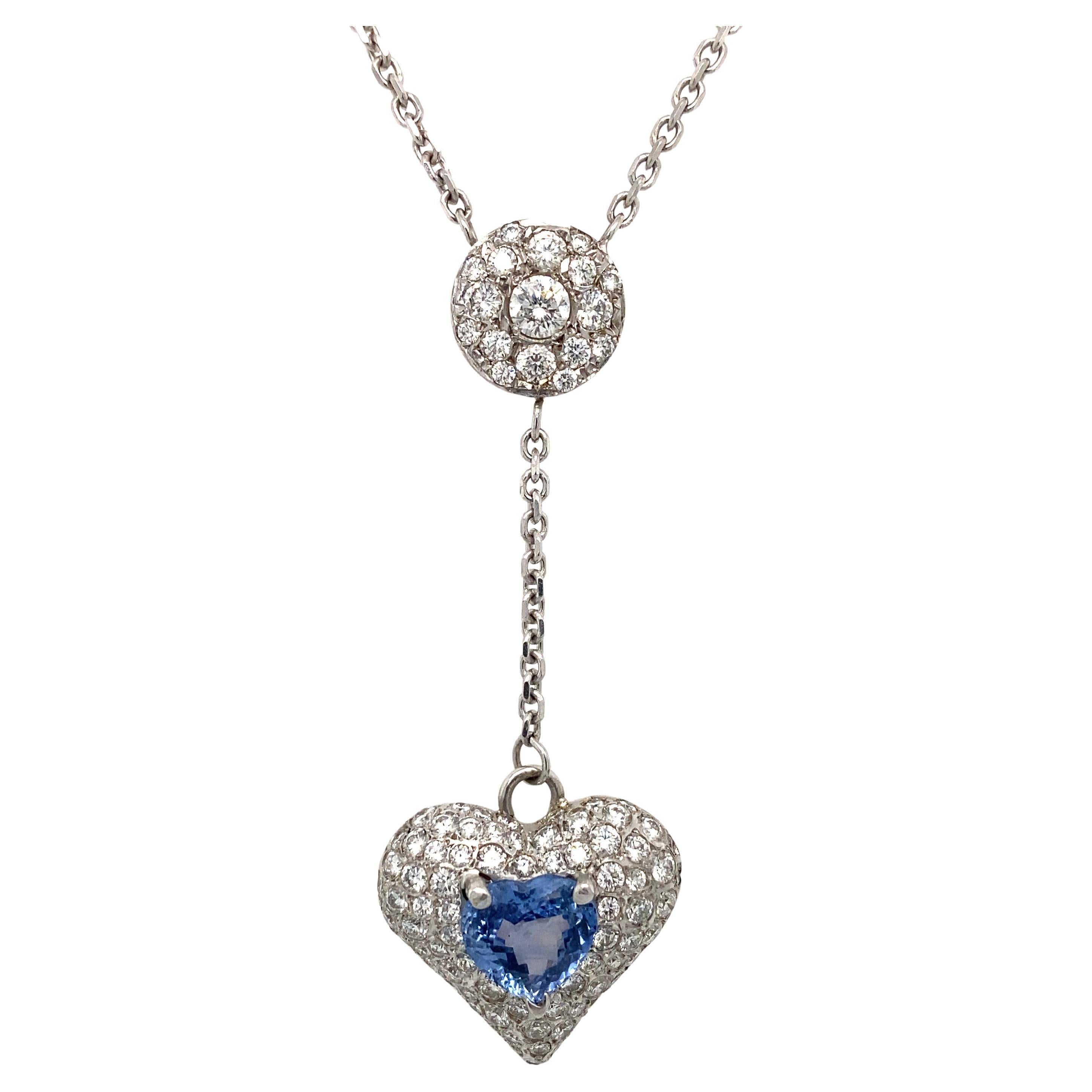1.30 Carat Heart Cut Sapphire and Diamond Necklace in 14 Karat White Gold