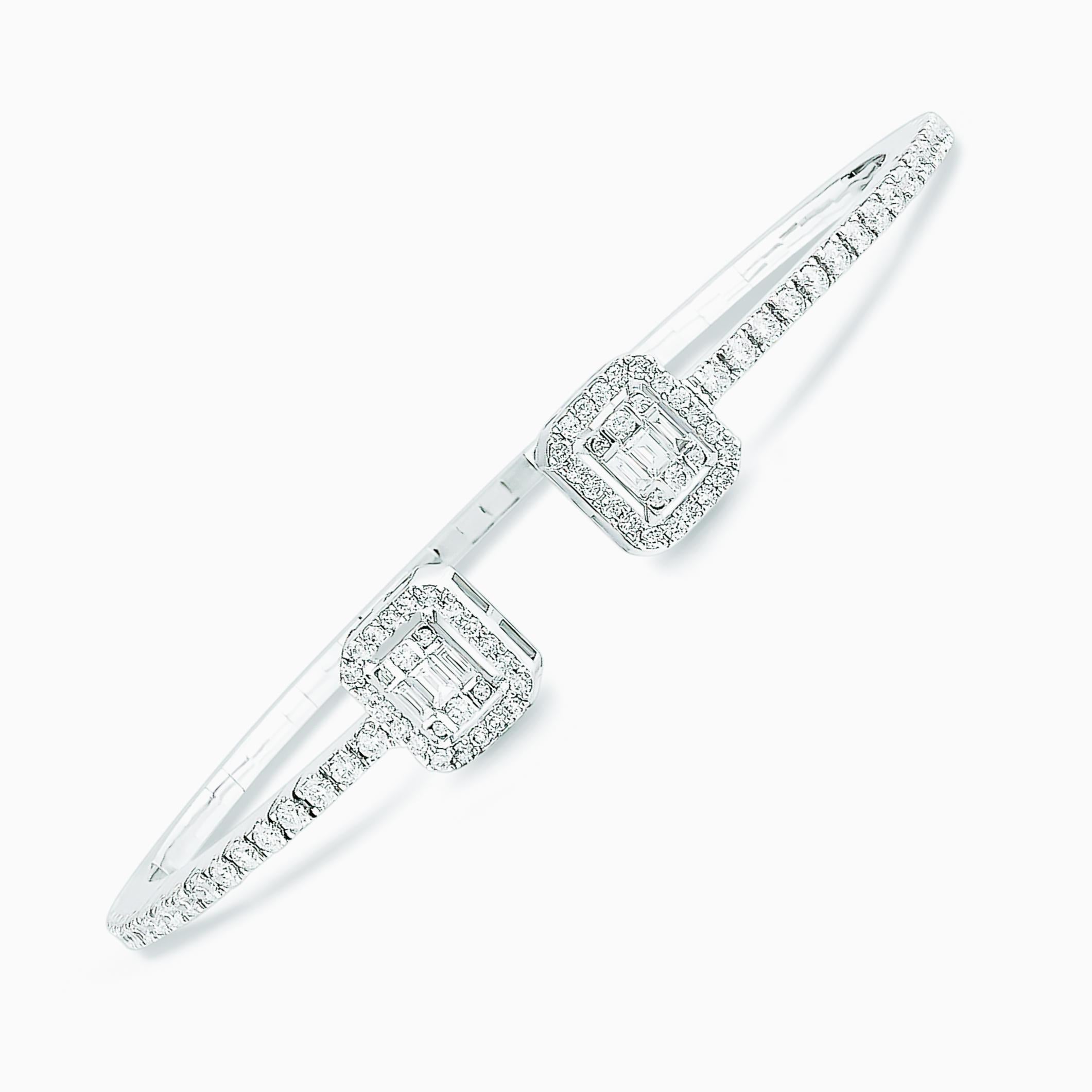 A fine and impressive 1.33-carat Emerald cut diamond bracelet set in 18K White Gold.
The diamond cuff bracelet is set with round diamonds weighing 1.11 carats and a set of baguette diamonds weighing 0.20 carats. 
The diamond color is F/G, and the