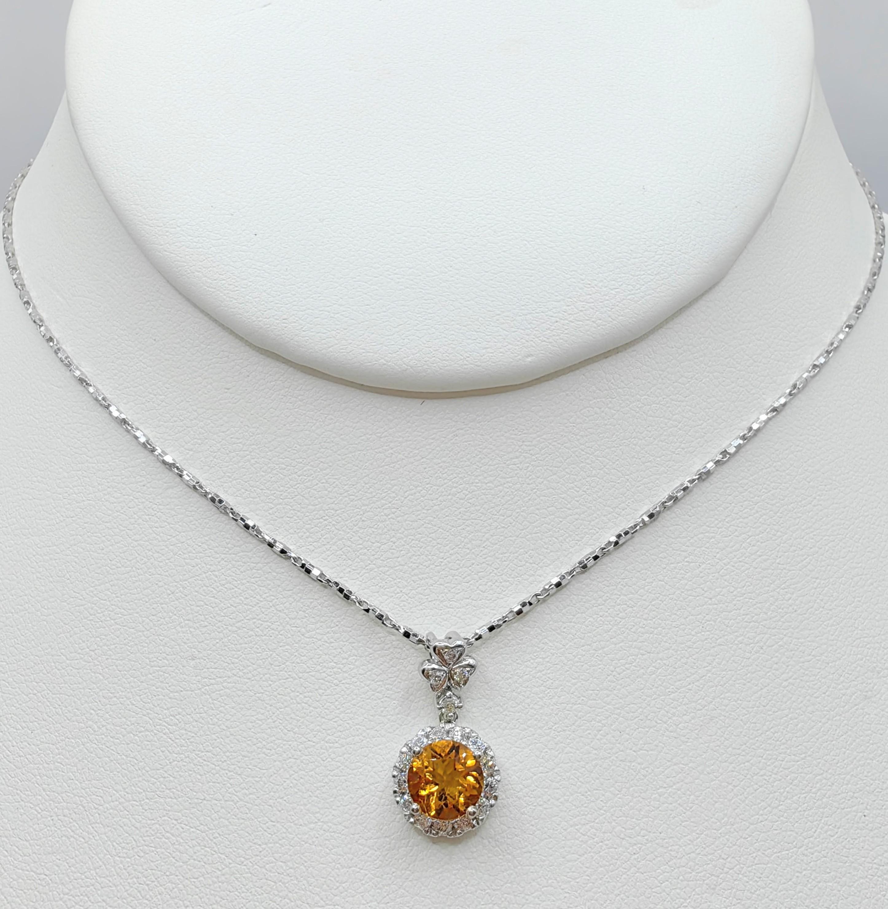 1.30 Carat Intense Golden Orange Citrine Diamond 18k White Gold Necklace Pendant For Sale 1
