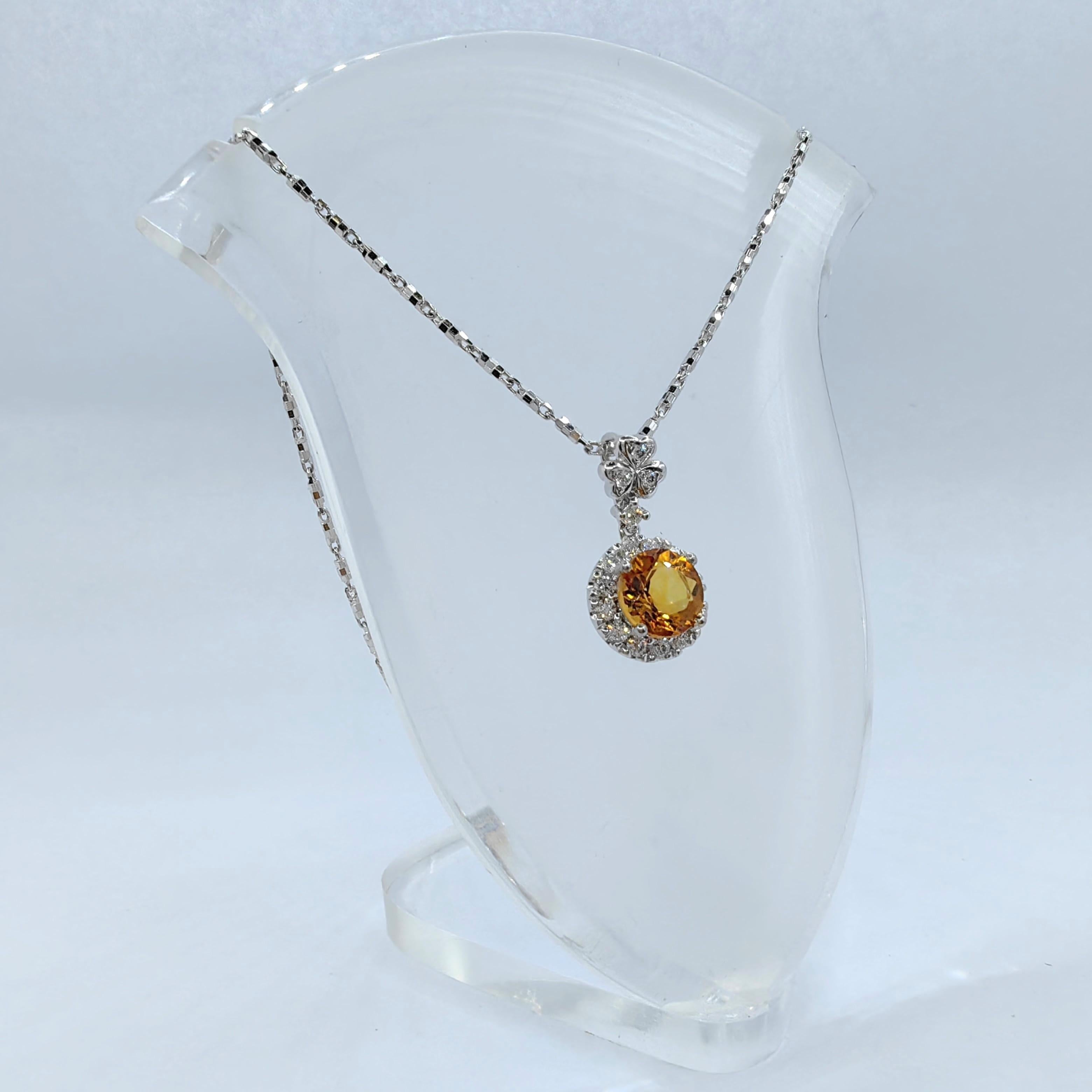 1.30 Carat Intense Golden Orange Citrine Diamond 18k White Gold Necklace Pendant For Sale 2