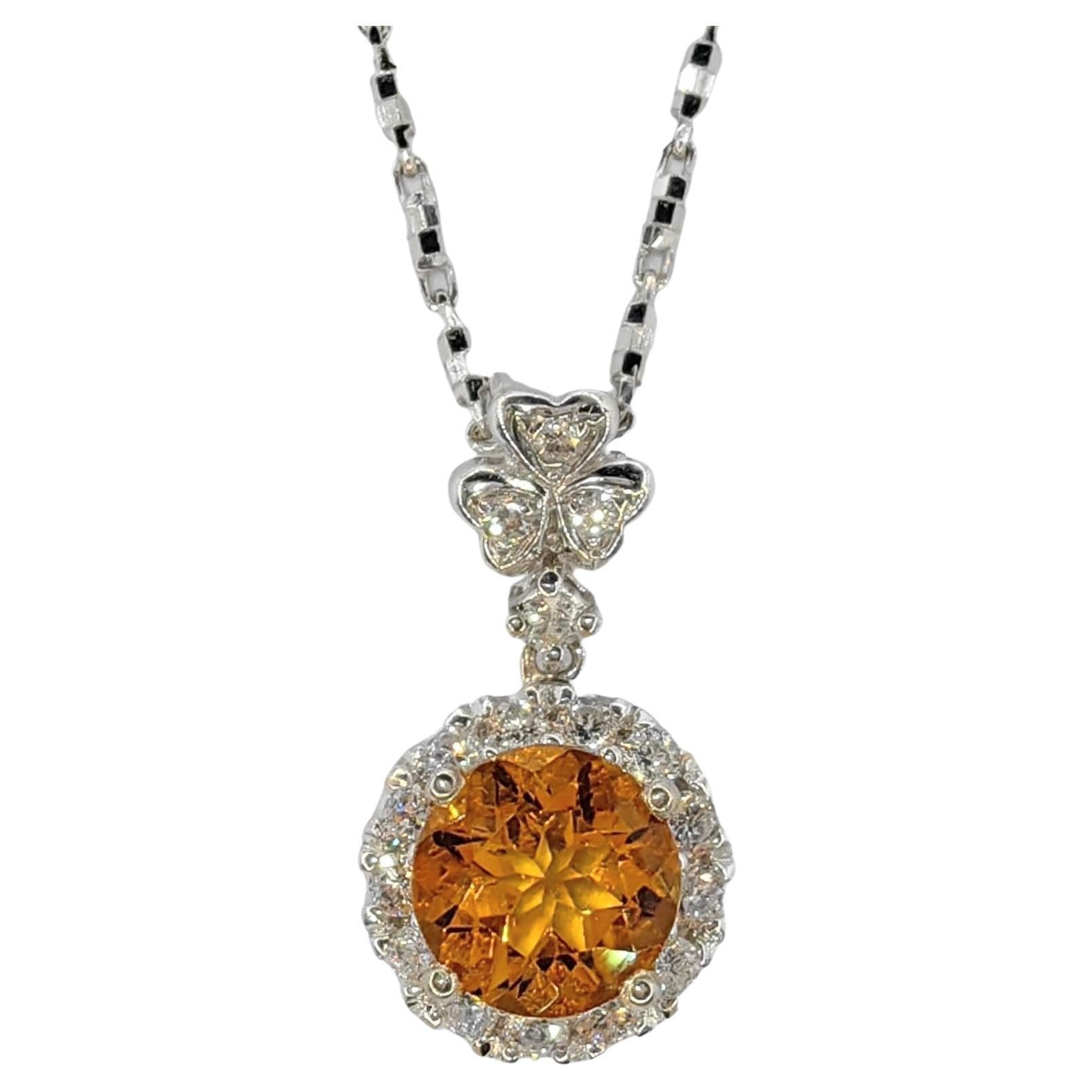 1.30 Carat Intense Golden Orange Citrine Diamond 18k White Gold Necklace Pendant For Sale