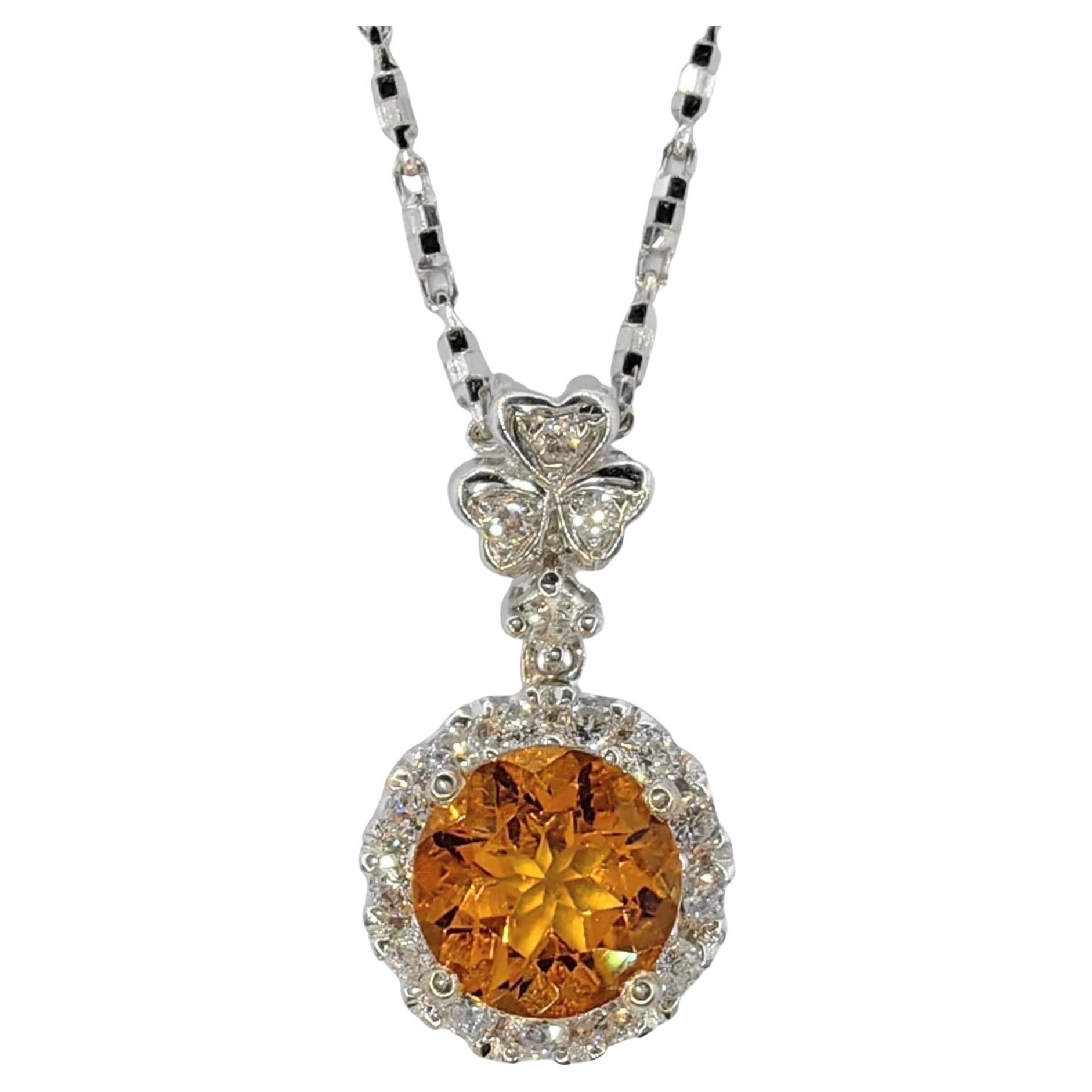 1.30 Carat Intense Golden Orange Citrine Diamond 18k White Gold Necklace Pendant