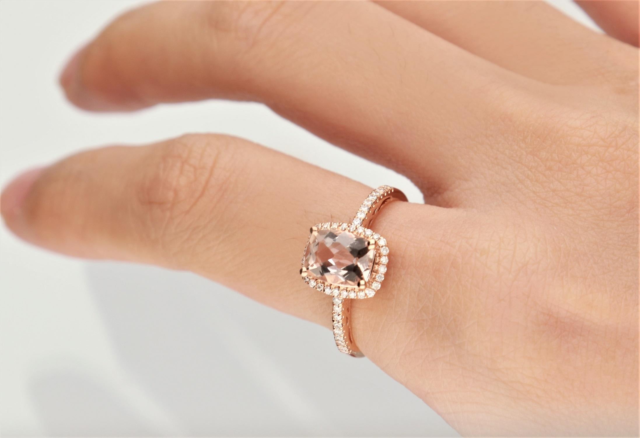 1.30 Carat Morganite Cushion Cut Diamond Accents 10K Rose Gold Classic Ring In New Condition For Sale In New York, NY
