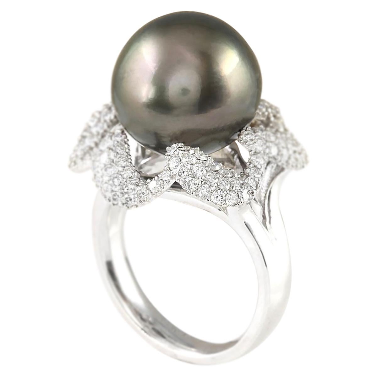 Round Cut Natural South Sea Pearl Diamond Ring 14 Karat White Gold  For Sale