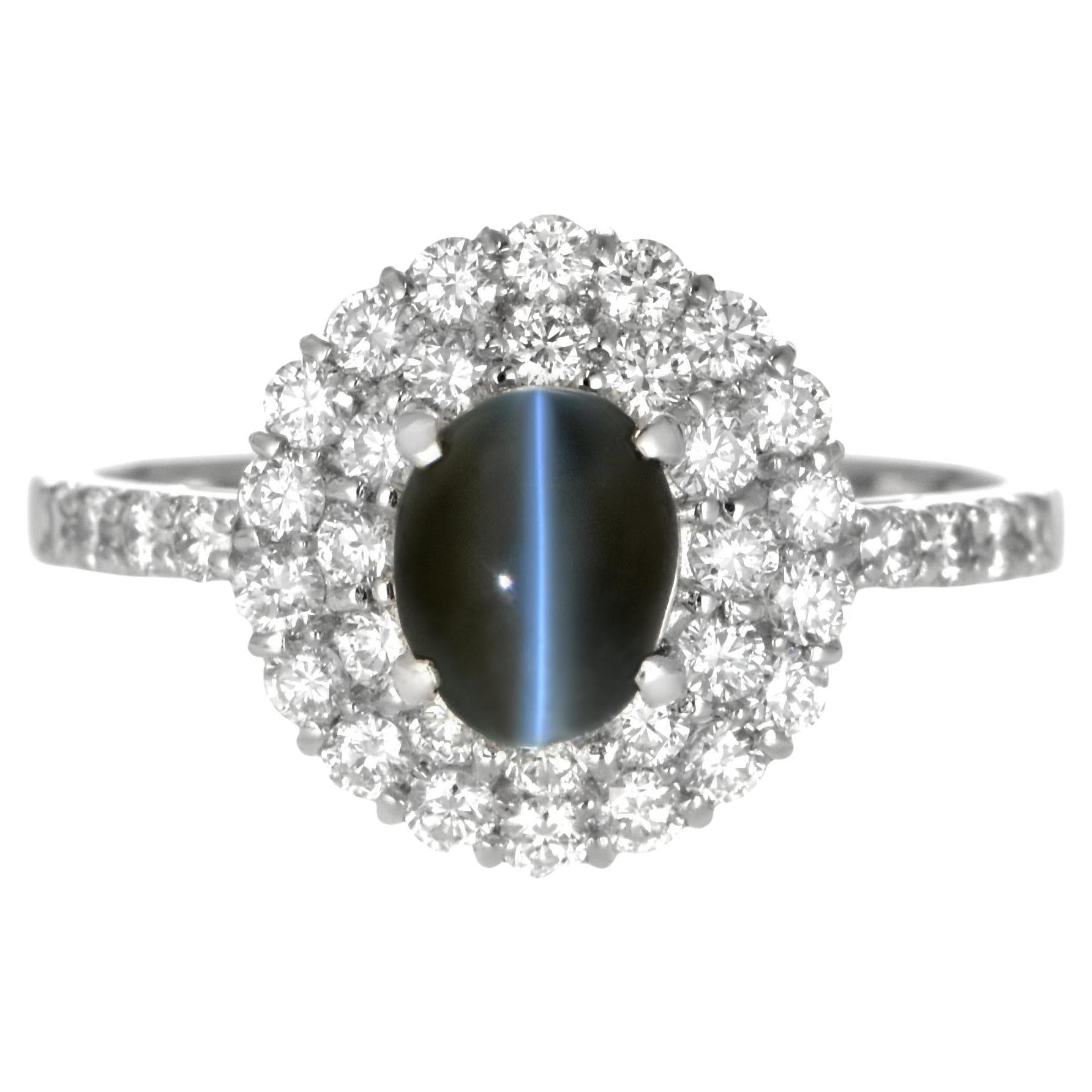 1.30 Carat Natural Alexandrite Cat's Eye and Diamond Ring Made in Platinum