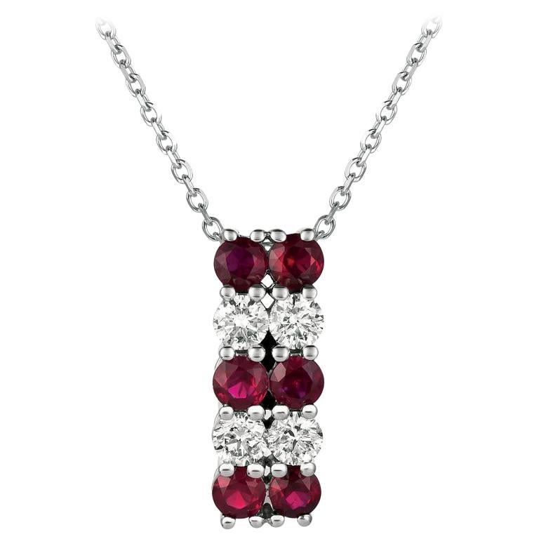 1.30 Carat Natural Diamond and Ruby Two Rows Necklace 14 Karat White Gold G-H SI For Sale