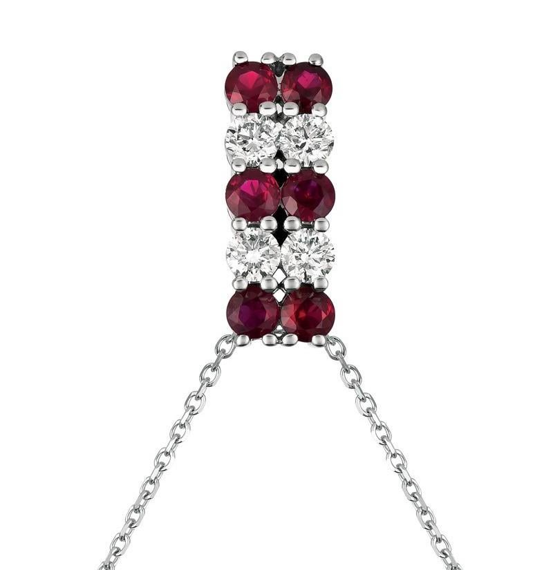 Round Cut 1.30 Carat Natural Diamond and Ruby Two Rows Necklace 14 Karat White Gold G-H SI For Sale