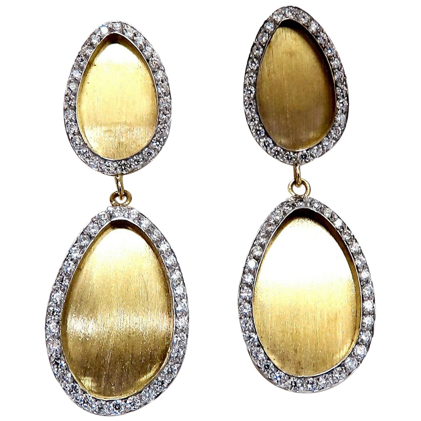 1.30 Carat Natural Diamonds Tear Drop Form Brush Finish Clip Earrings 14 Karat For Sale