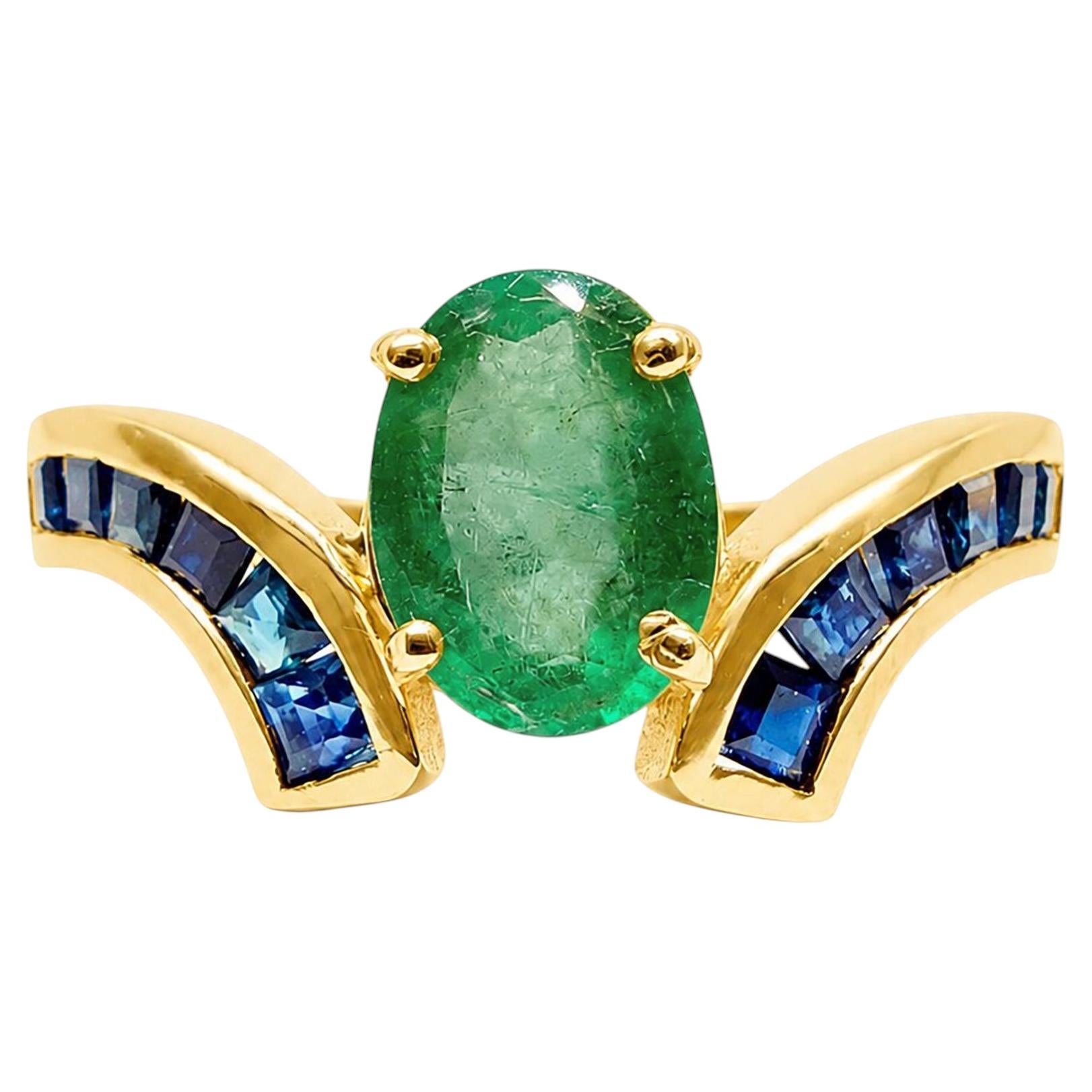 1.30 Carat Natural Emerald Solitaire Ring with Invisible Set Sapphires 14K Gold