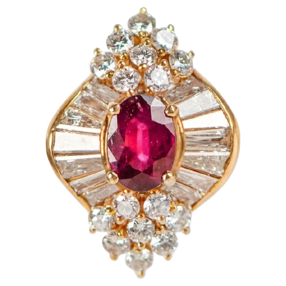 1,30 Karat natürlicher Rubin und Diamant Ring in 18K Gelbgold mit Edelstein Bericht