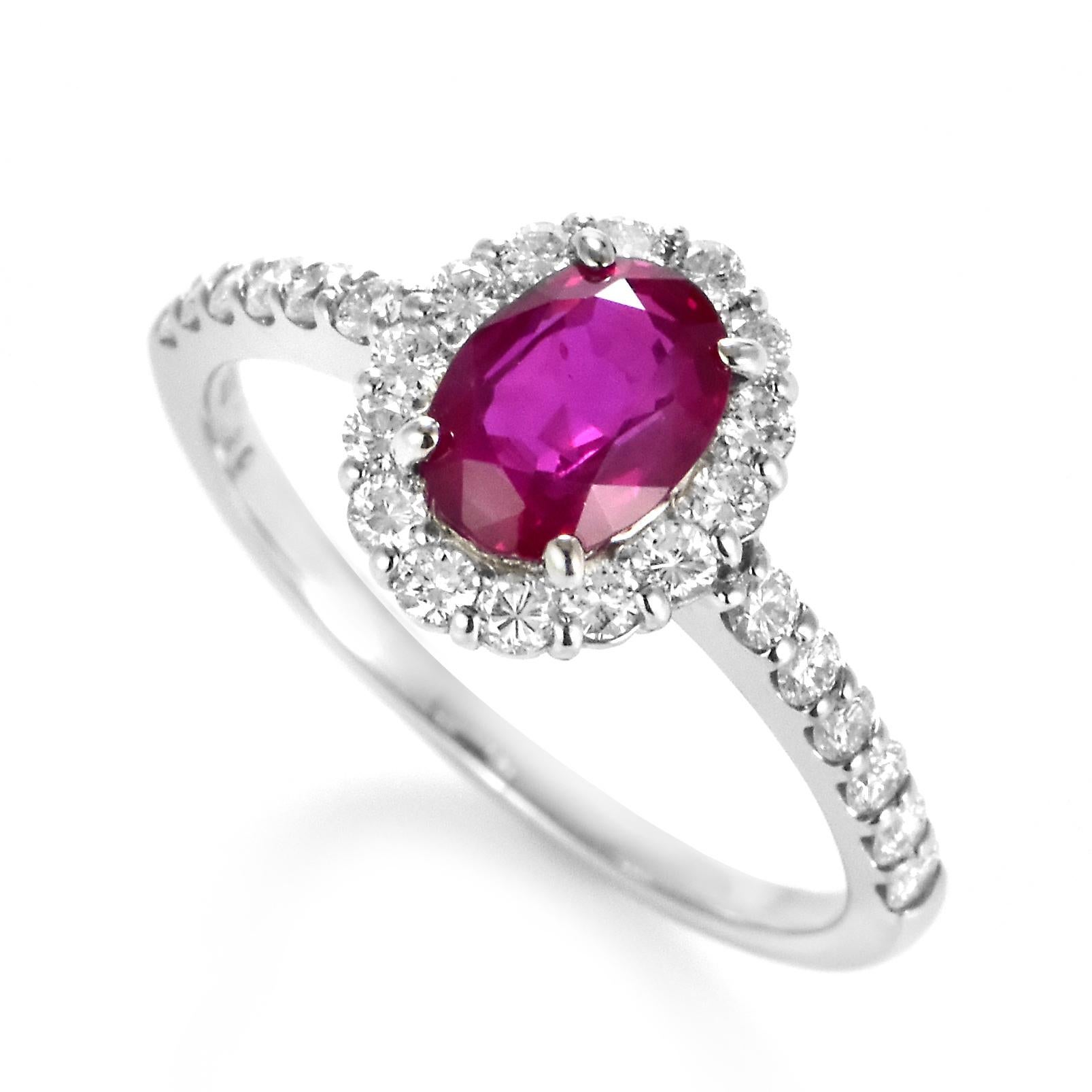 A beautiful Ring made in Platinum featuring a 1.30 Carat Natural Unheated, Burmese Ruby and 0.48 Carat Diamonds. Rubies are referred to as 