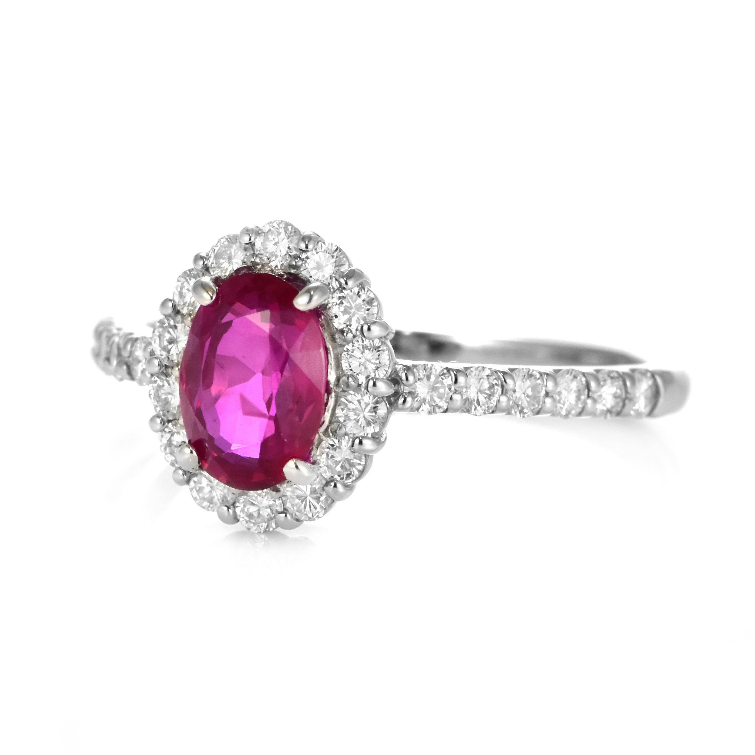 Modern 1.30 Carat Natural, Untreated, Burmese Ruby and Diamond Ring Made in Platinum For Sale