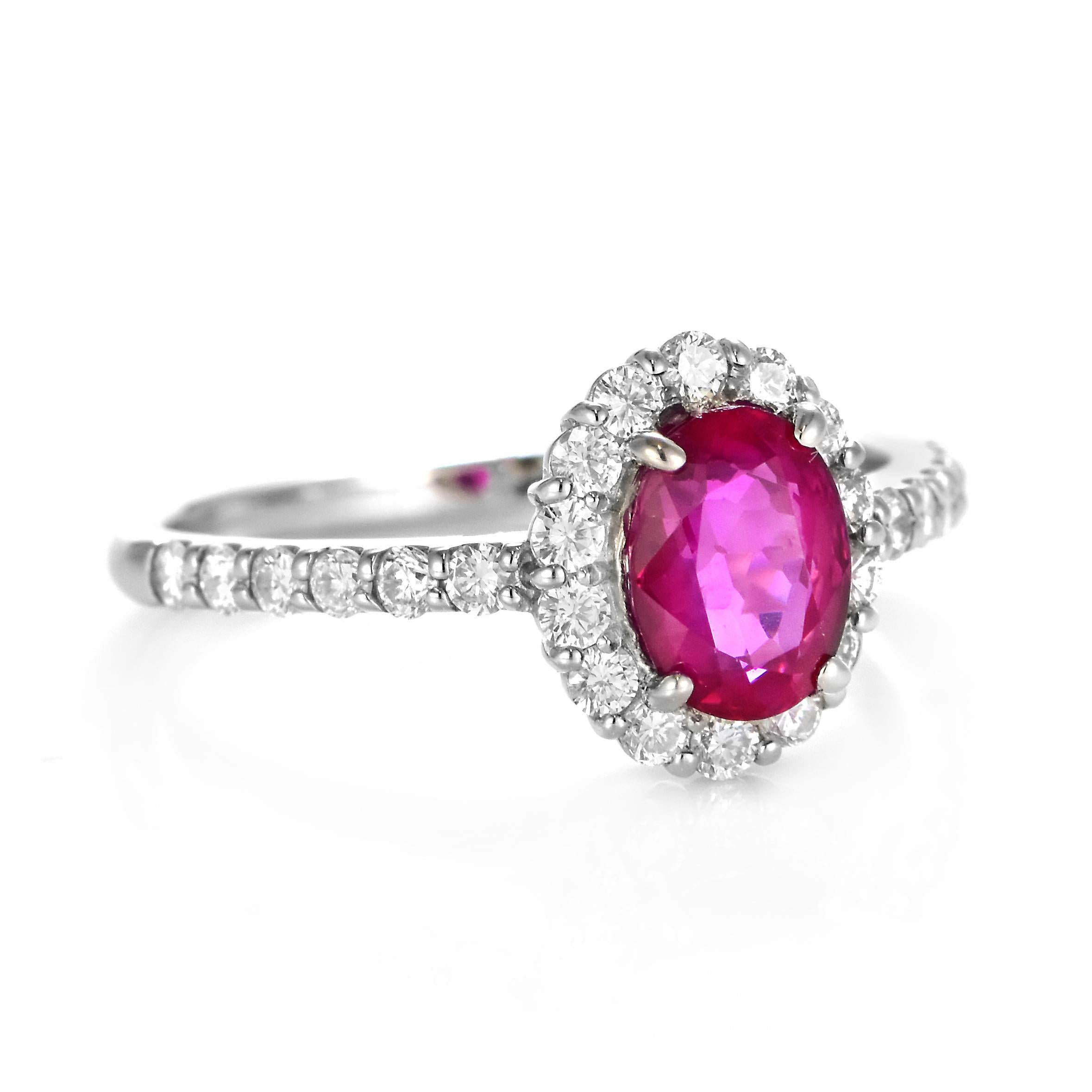 Oval Cut 1.30 Carat Natural, Untreated, Burmese Ruby and Diamond Ring Made in Platinum For Sale