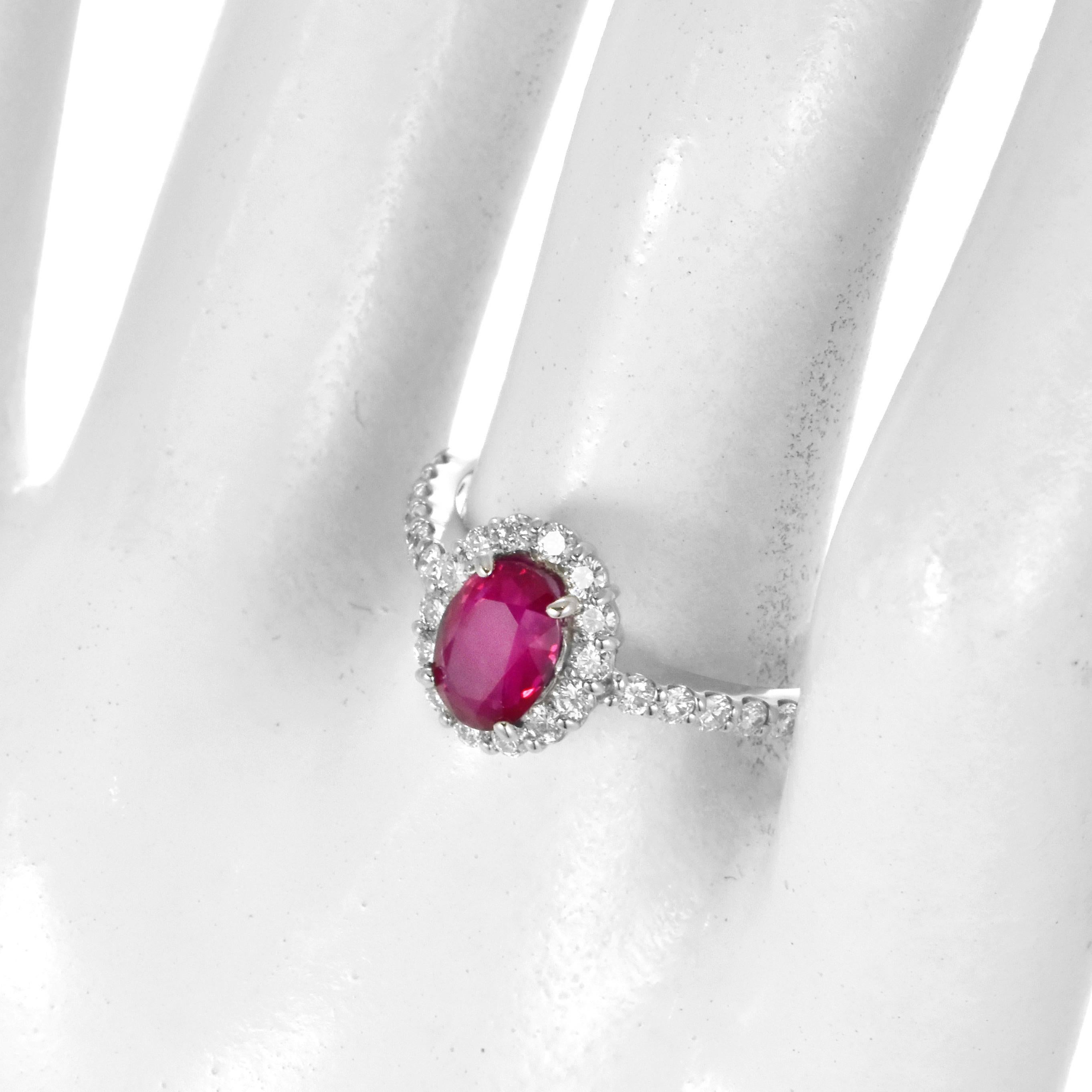 Women's 1.30 Carat Natural, Untreated, Burmese Ruby and Diamond Ring Made in Platinum For Sale