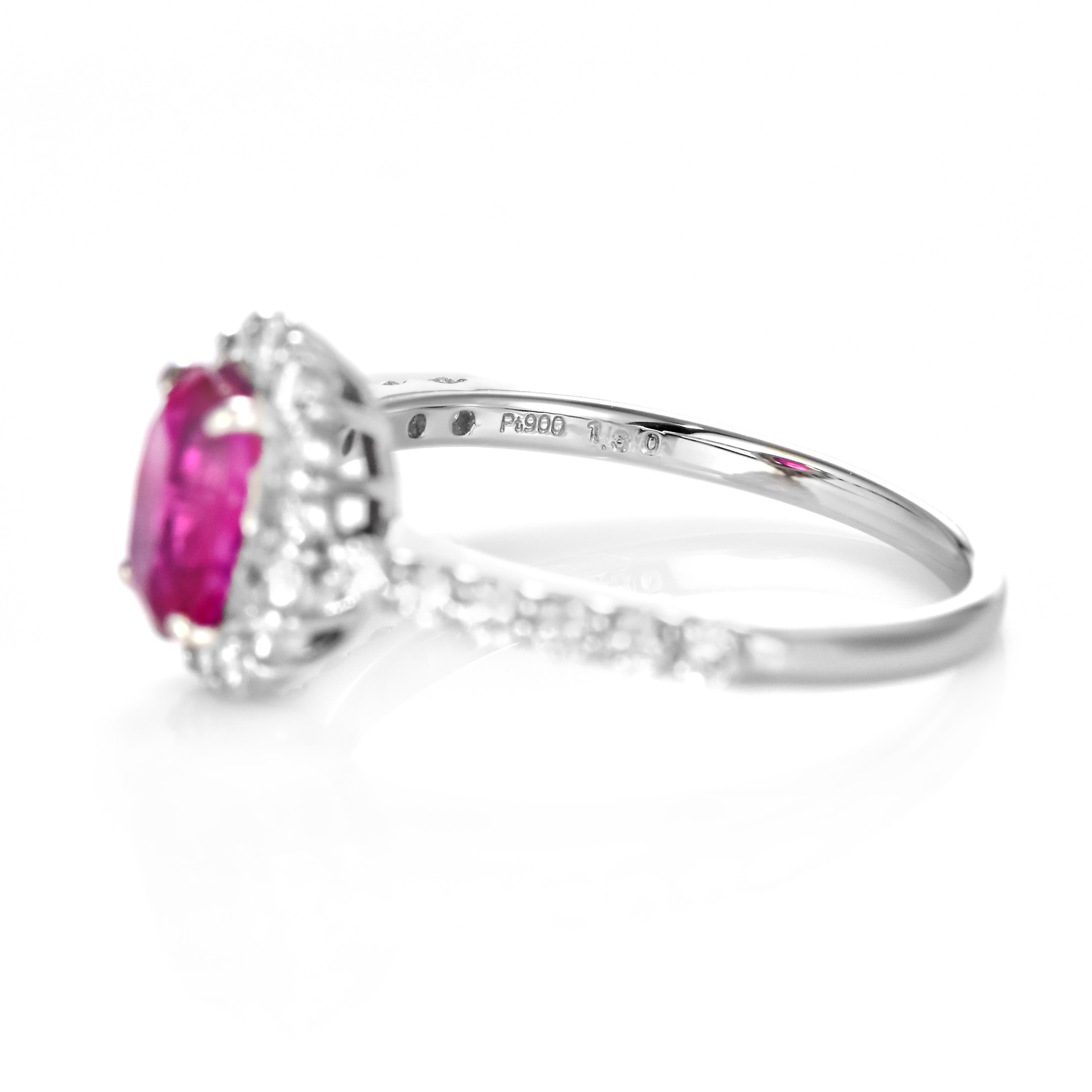 1.30 Carat Natural, Untreated, Burmese Ruby and Diamond Ring Made in Platinum For Sale 2