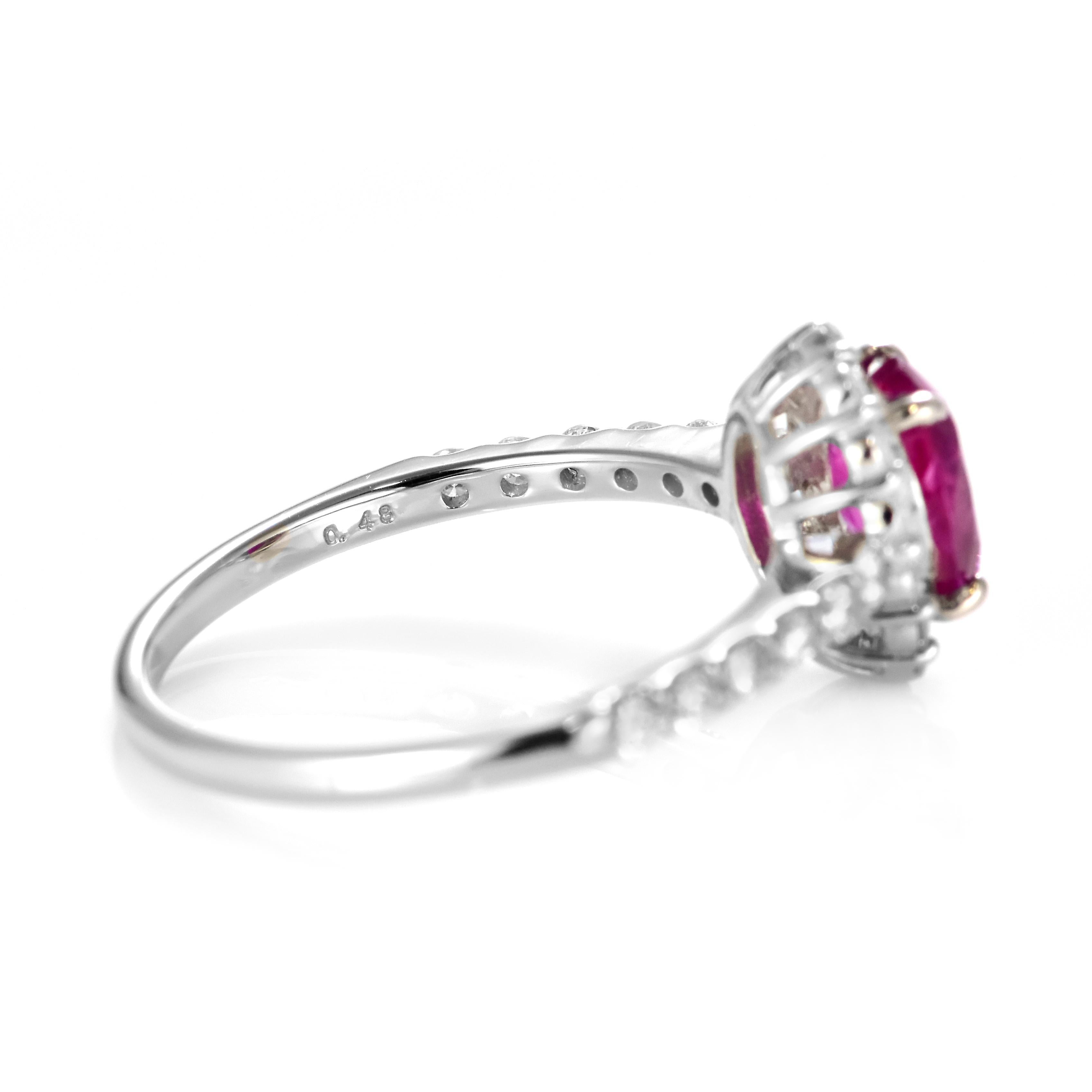 1.30 Carat Natural, Untreated, Burmese Ruby and Diamond Ring Made in Platinum For Sale 3