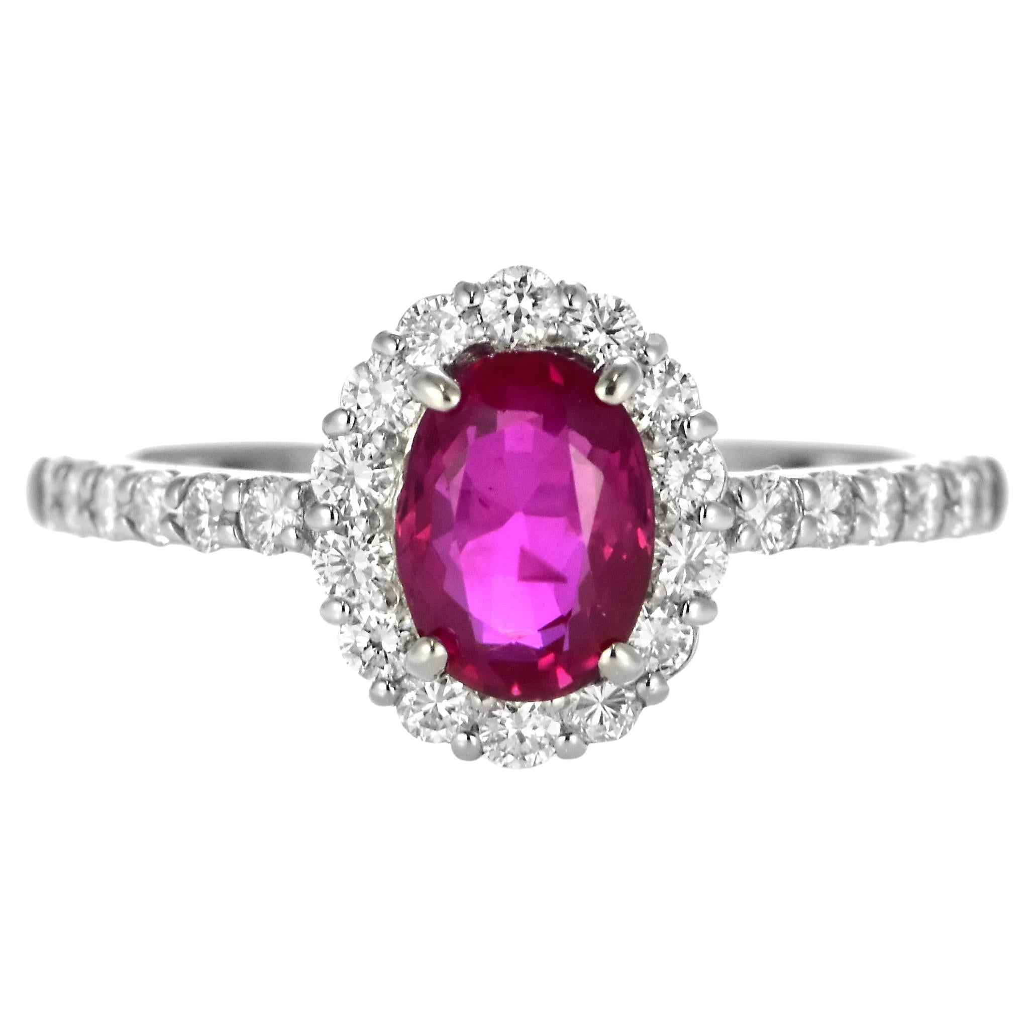 1.30 Carat Natural, Untreated, Burmese Ruby and Diamond Ring Made in Platinum