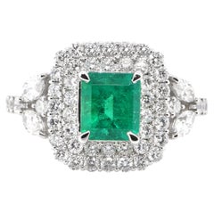 1.30 Carat Natural Vivid Green Emerald and Diamond Cocktail Ring Set in Platinum