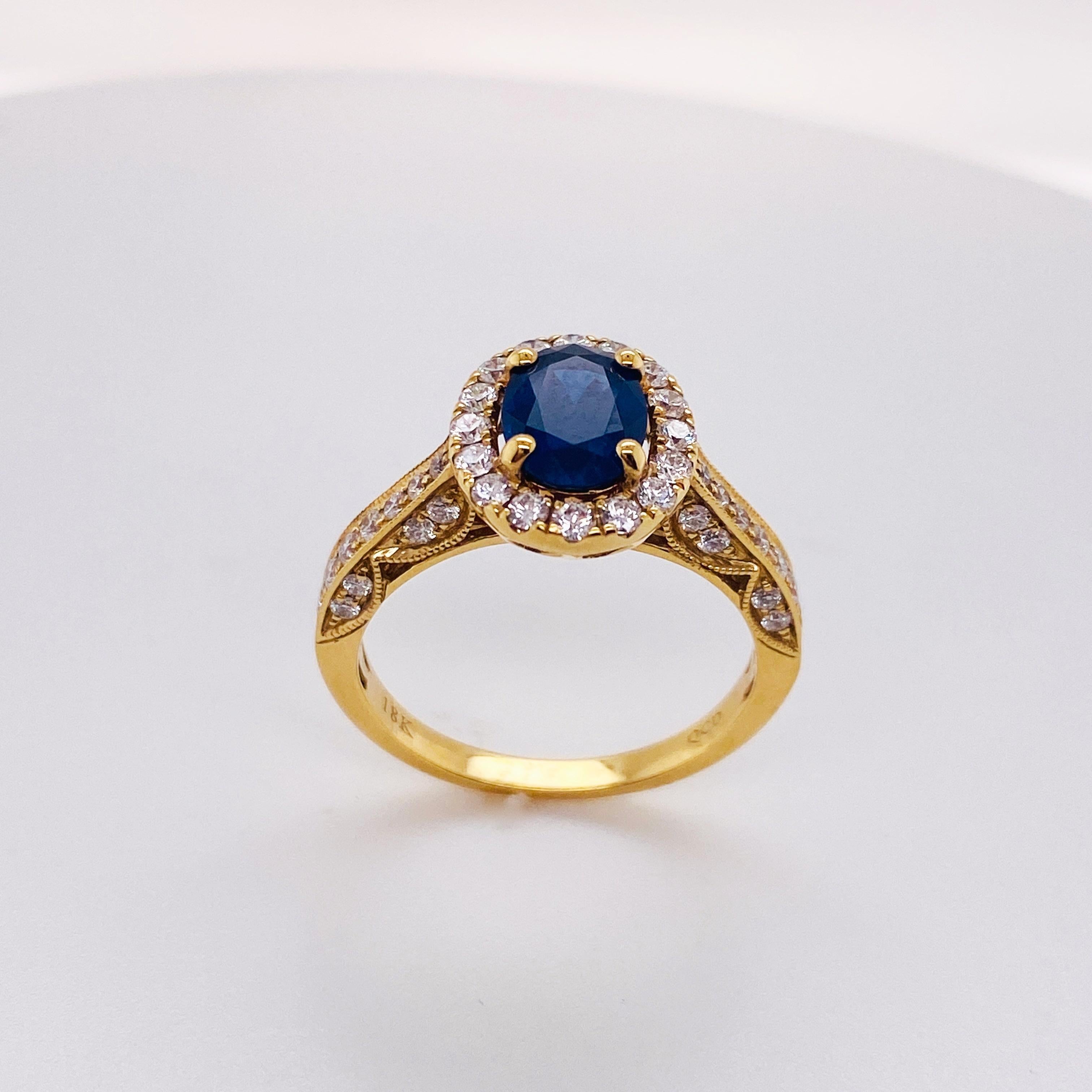 Artisan Blue Sapphire and Diamond Halo Ring w 1.30 Carat Sapphire w .70 ct Dia 18 Karat