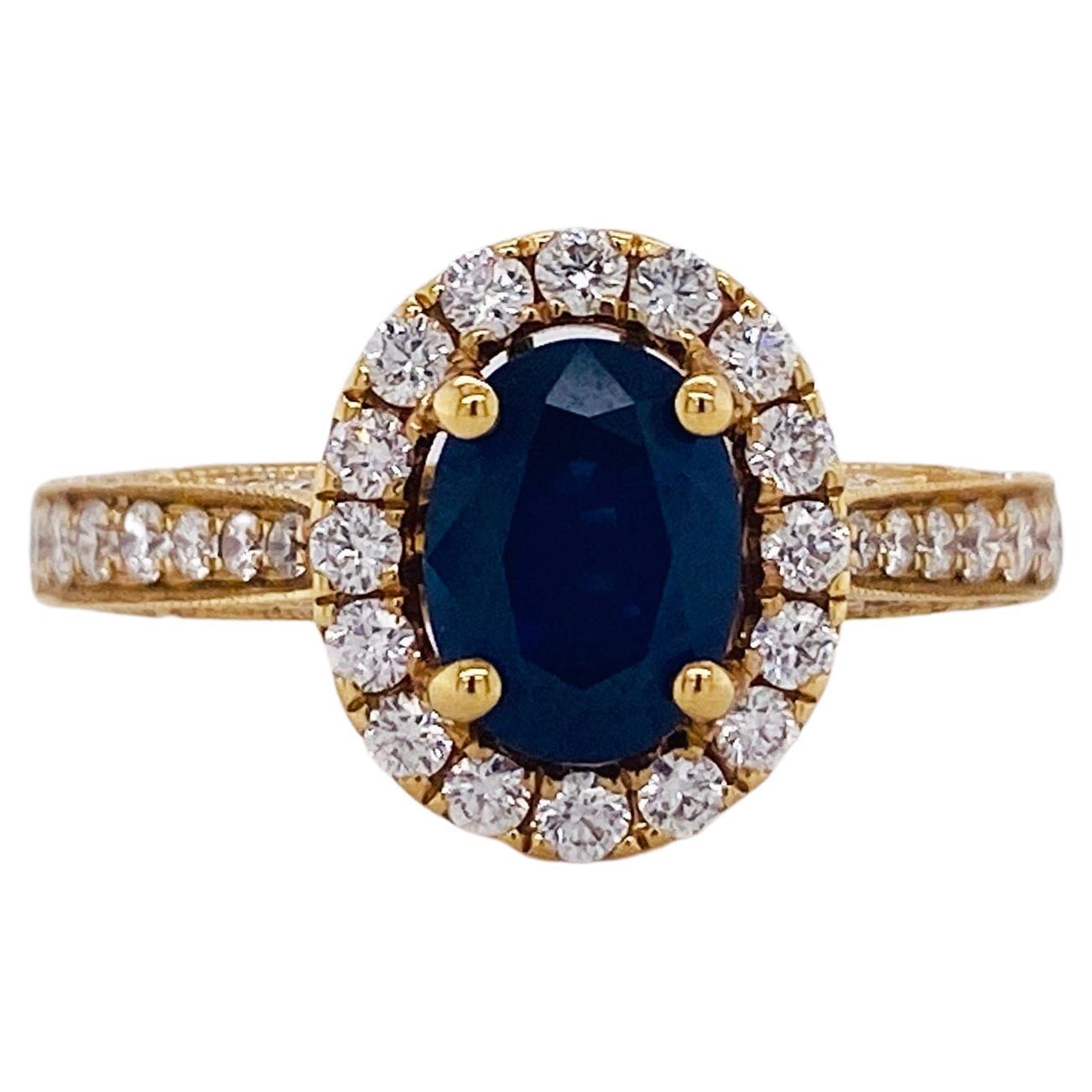 Blue Sapphire and Diamond Halo Ring w 1.30 Carat Sapphire w .70 ct Dia 18 Karat