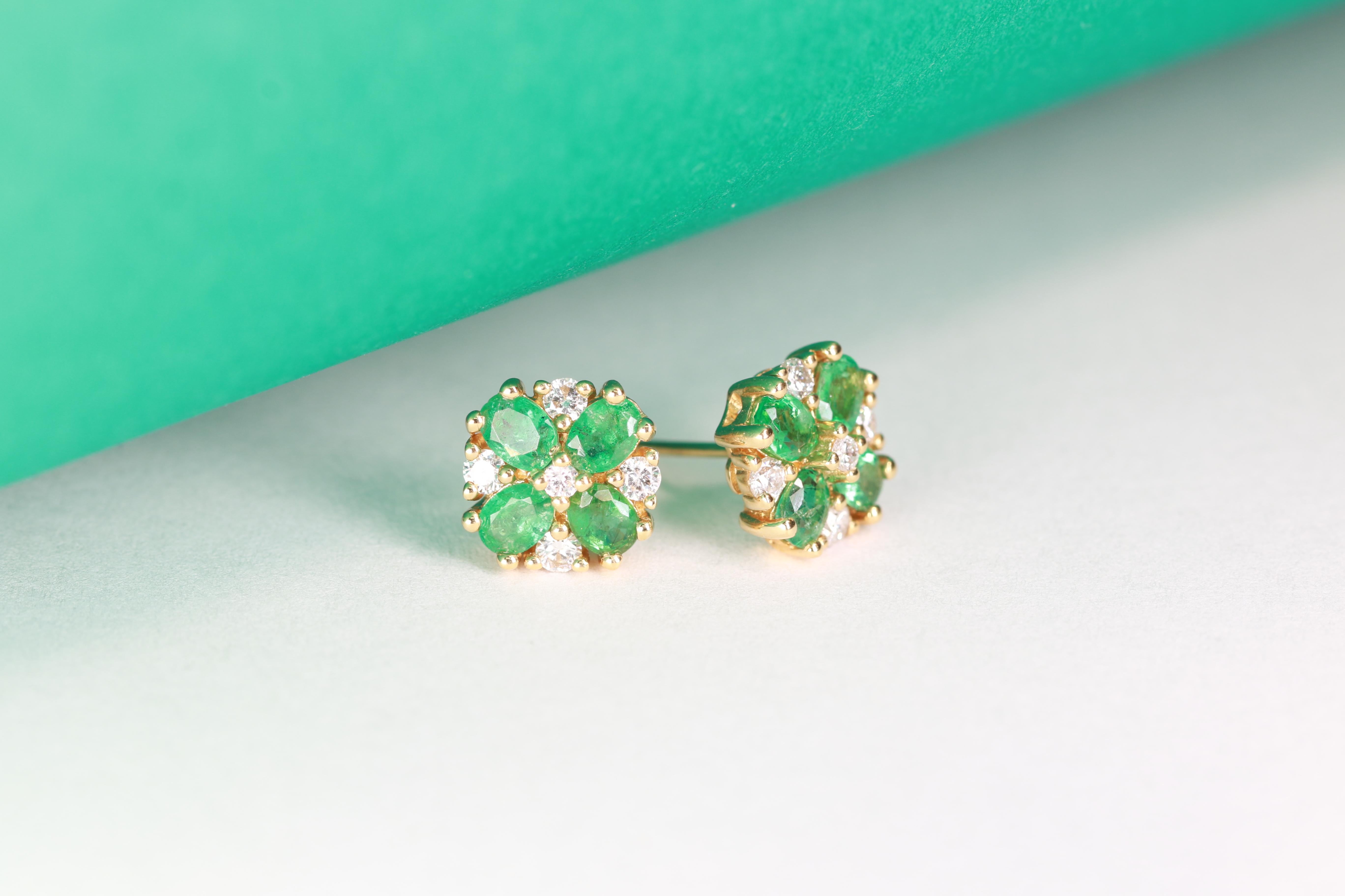 Decorate yourself in elegance with this Earring is crafted from 18-karat Yellow Gold by Gin & Grace. This Earring is made up of 3x4 mm Oval-Cut Zambian Emerald (8 pcs) 1.30 carat and Round-cut Diamond (10 pcs) 0.37 Carat. This Earring is weight 3.55