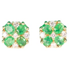 1.30 Carat Oval Cut Emerald Diamond Accents 18K Yellow Gold Earring