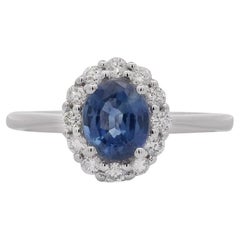 1.30 Carat Oval Deep Blue Sapphire & Round Diamond 18K White Gold Ring